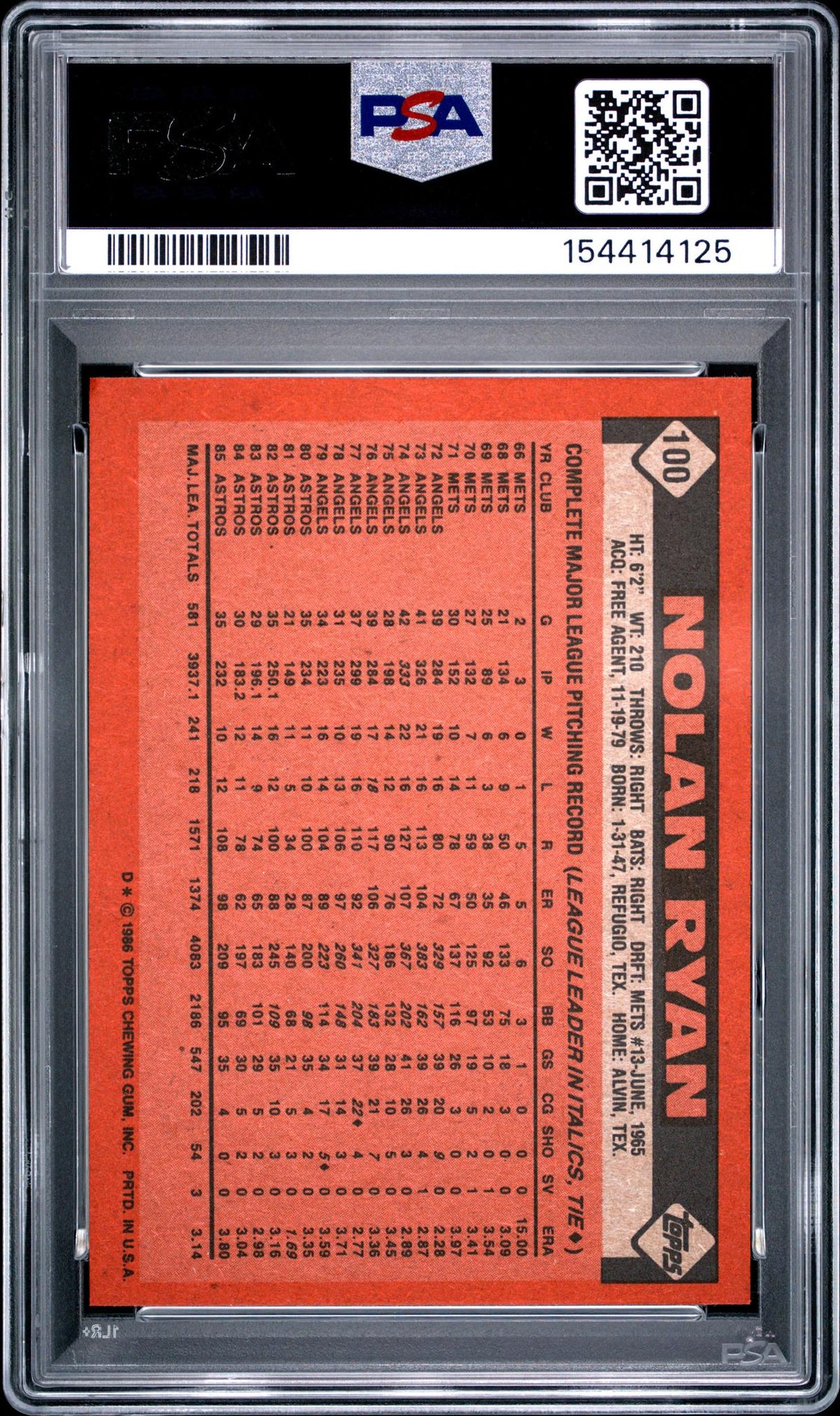 1986 Topps Nolan Ryan #100 PSA 7