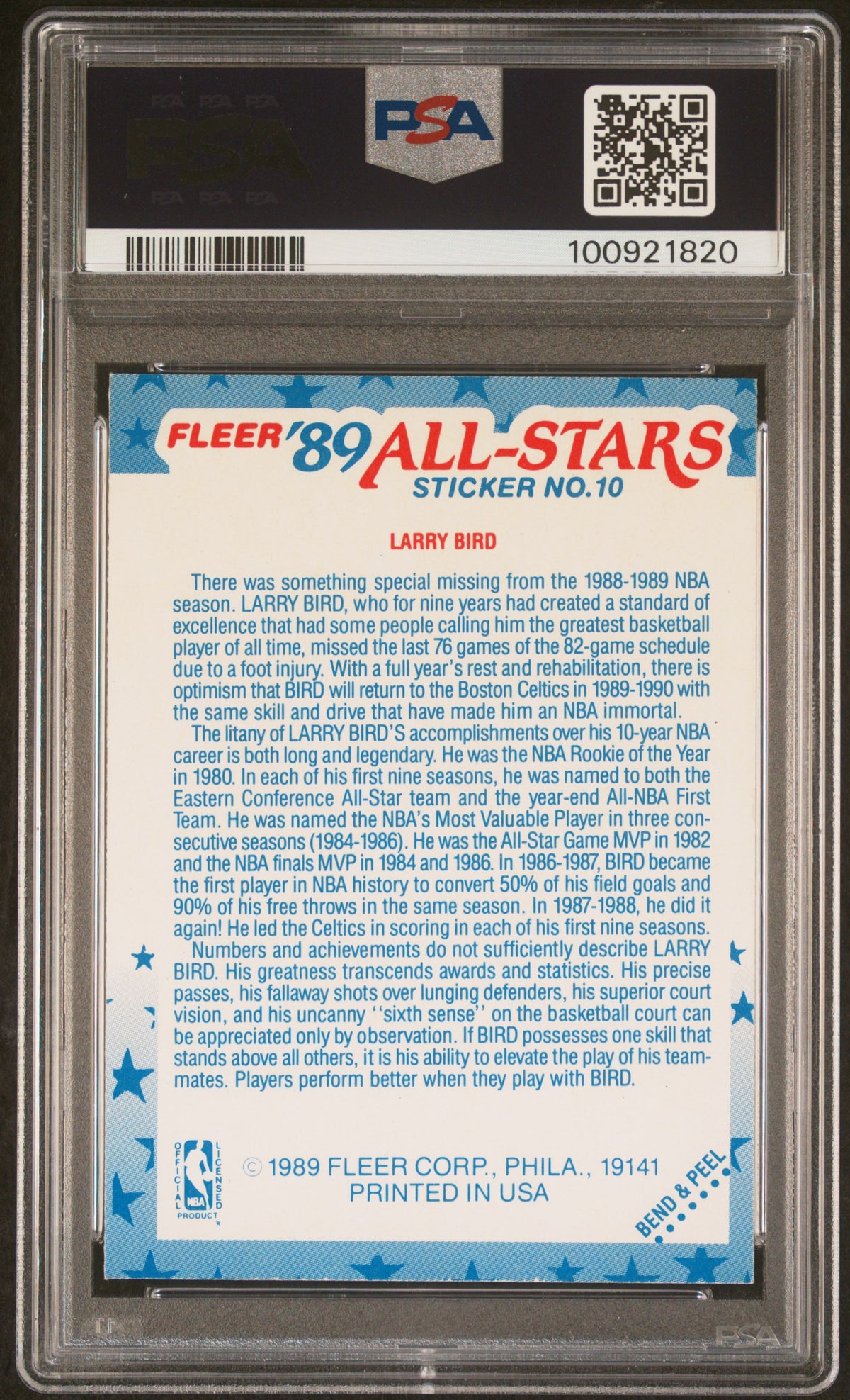 1989 Fleer Stickers Larry Bird #10 PSA 6