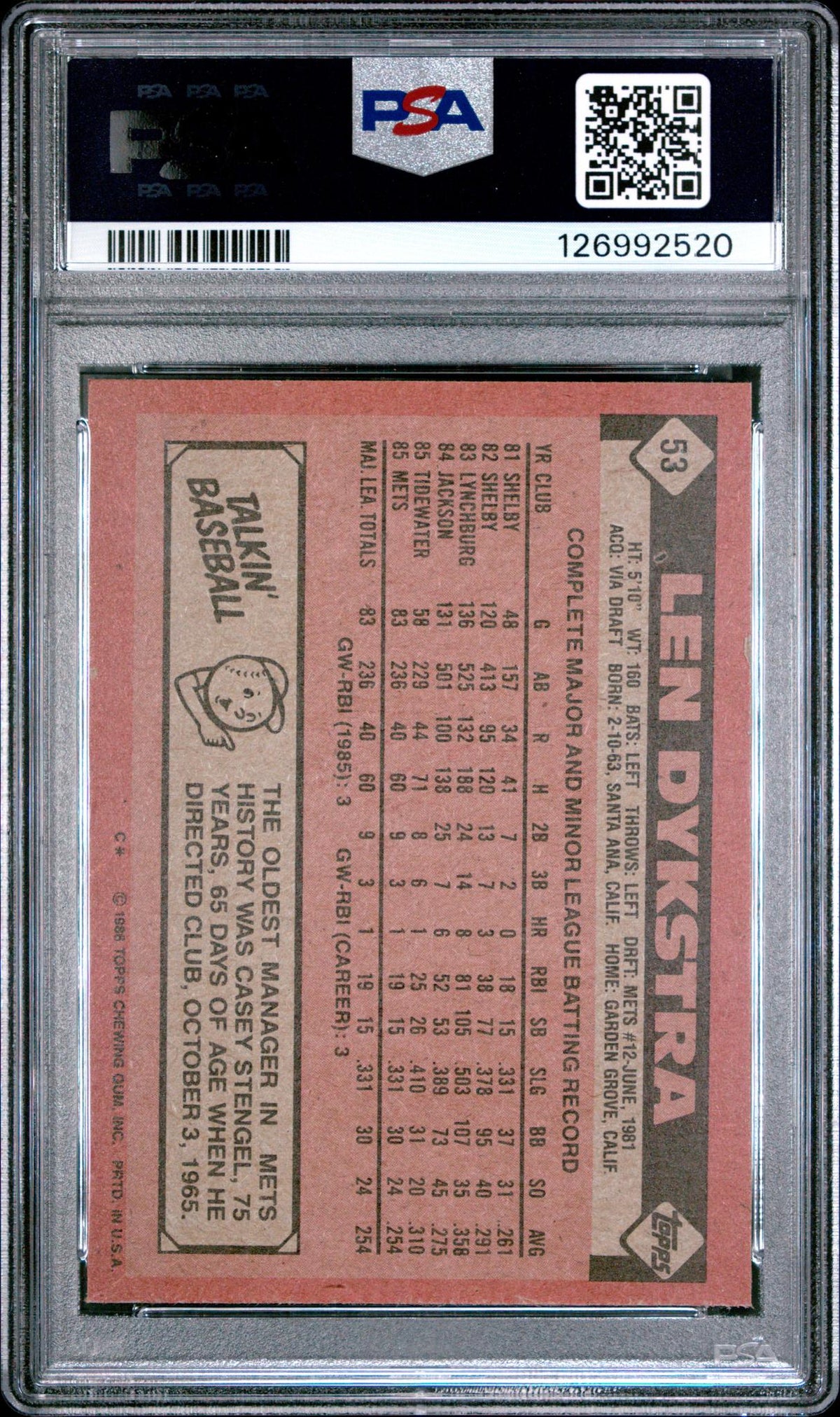 1986 Topps Lenny Dykstra #53 PSA 7