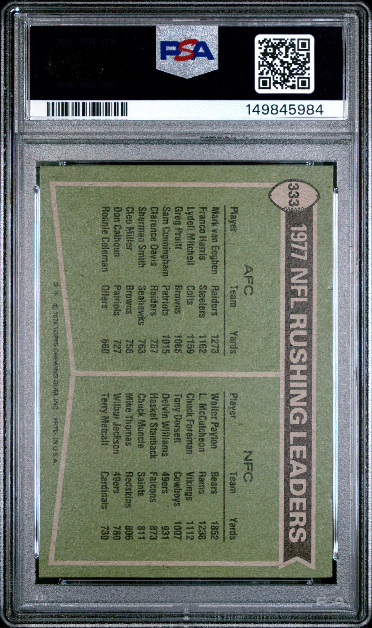 1978 Topps 1977 NFL Rushing Leaders Mark Van Eeghen/Walter Payton #333 PSA 5