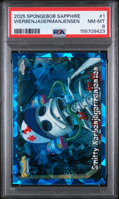 2025 Topps Chrome Spongebob 25th Anniversary Sapphire Edition Werbenjagermanjensen #1 PSA 8