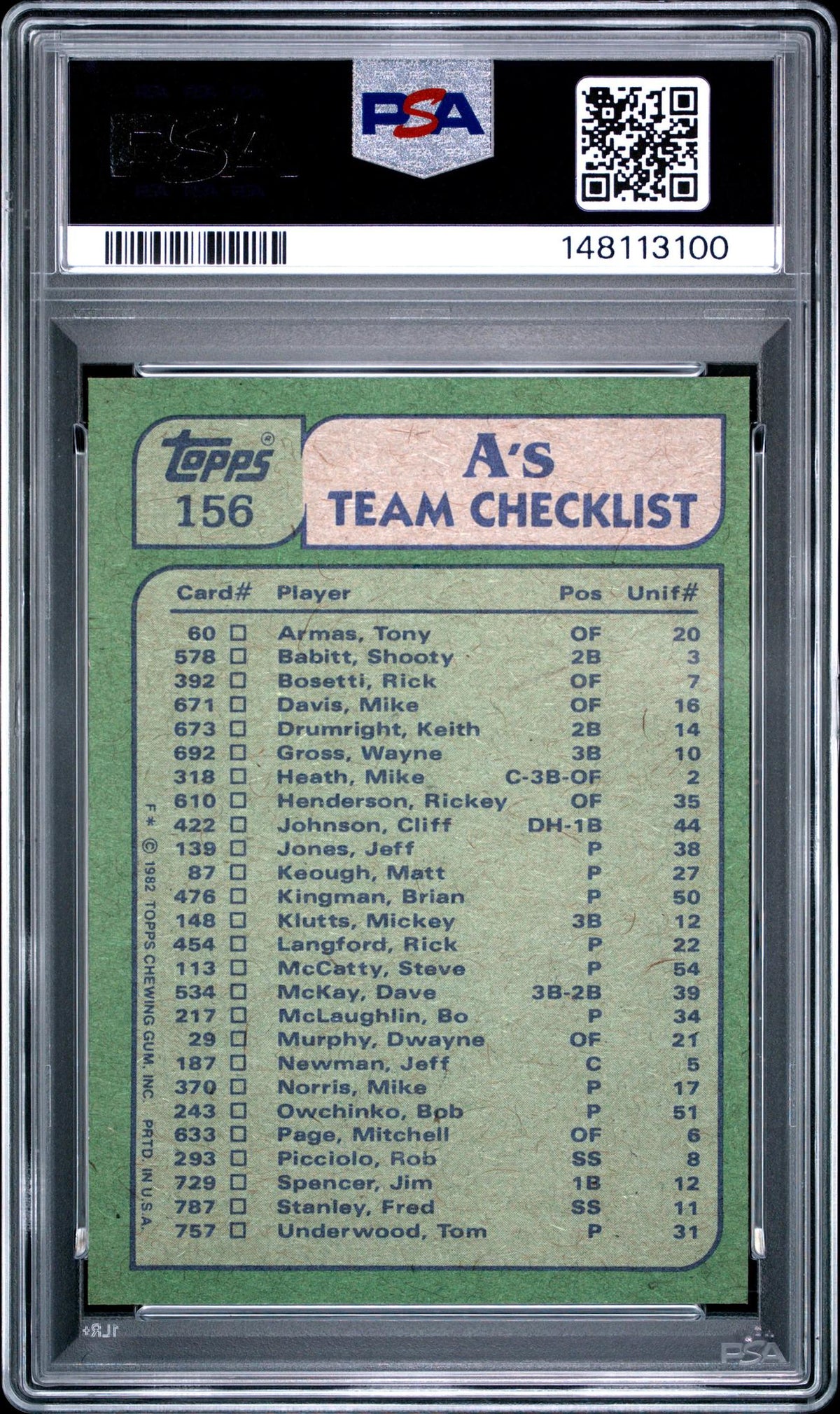 1982 Topps Rickey Henderson/Steve Mccatty #156 PSA 6