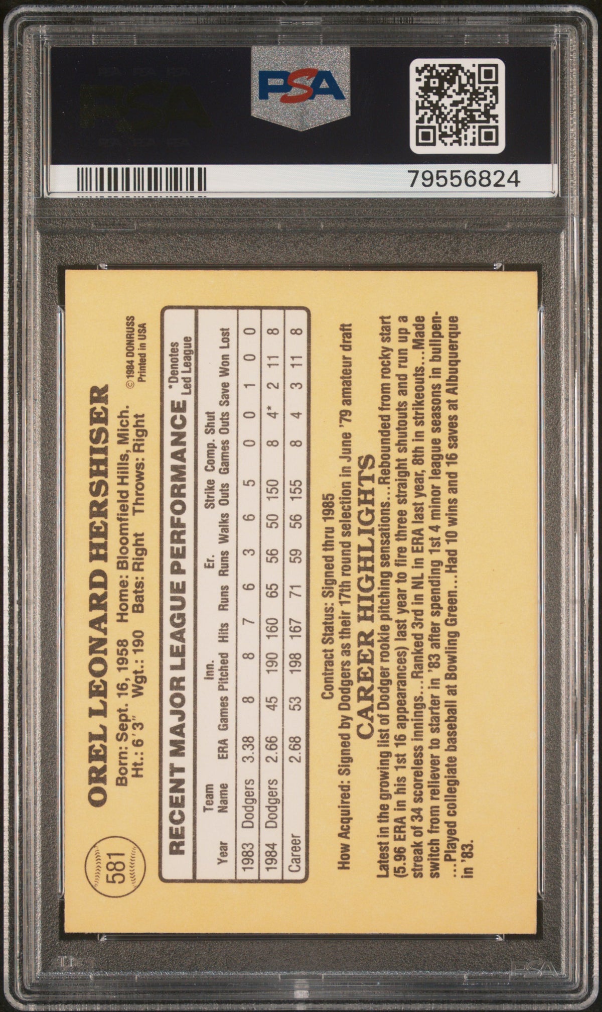 1985 Donruss Orel Hershiser #581 PSA 5