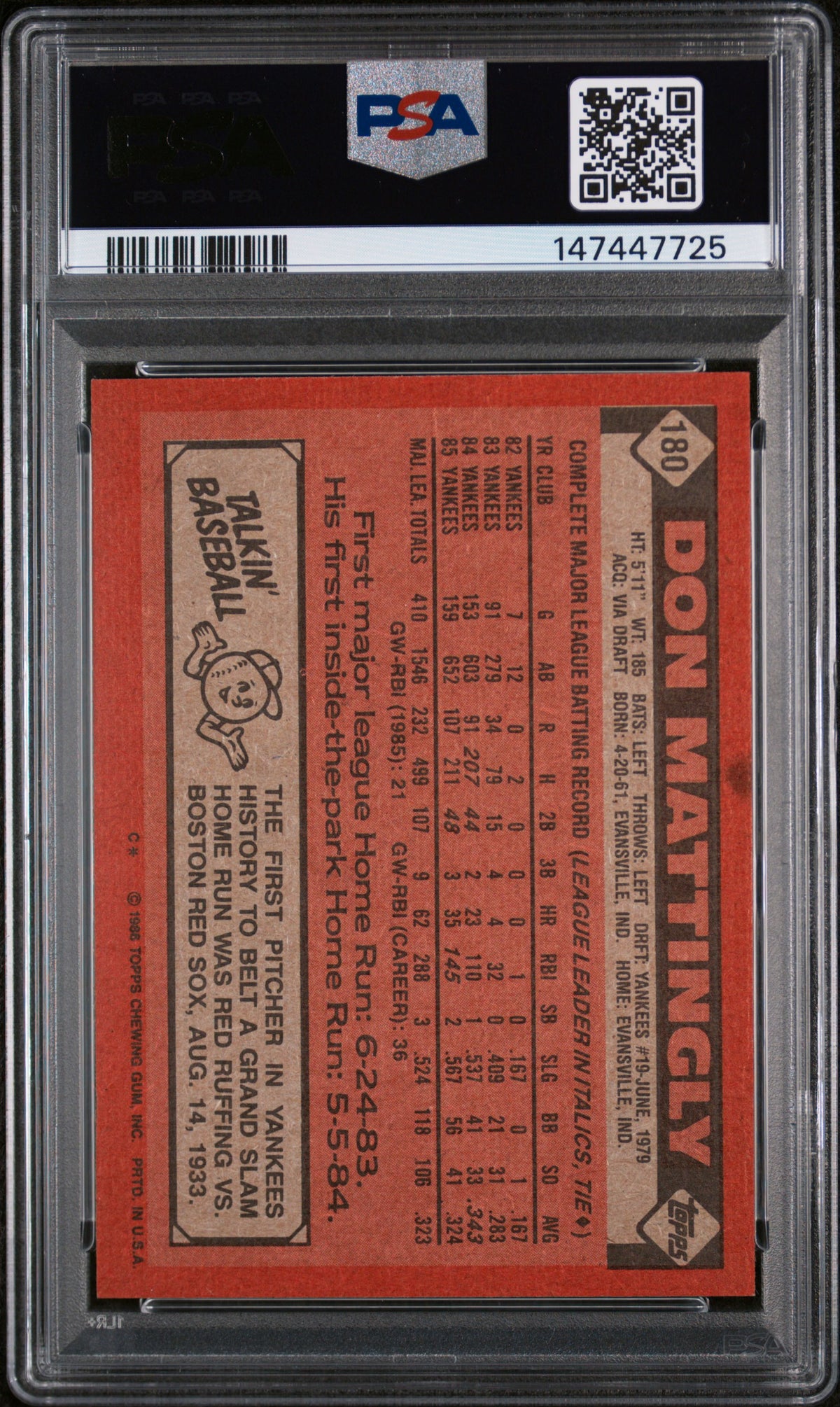 1986 Topps Don Mattingly #180 PSA 7