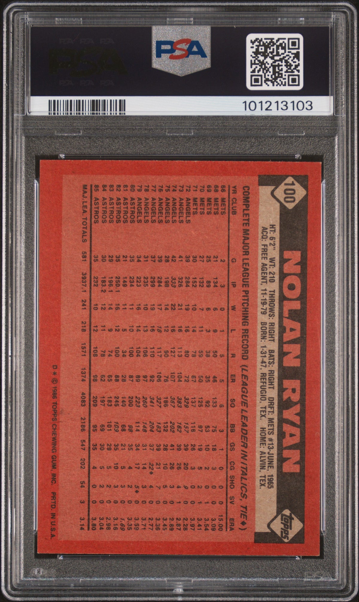 1986 Topps Nolan Ryan #100 PSA 7
