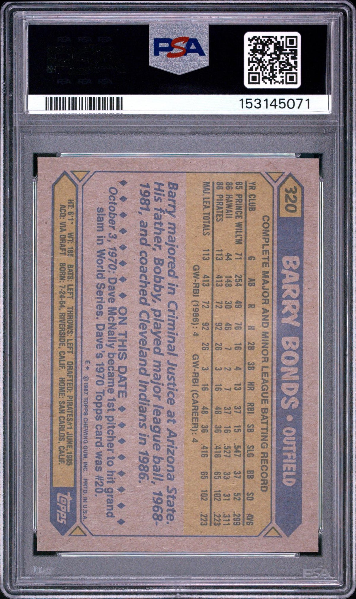 1987 Topps Barry Bonds #320 PSA 7