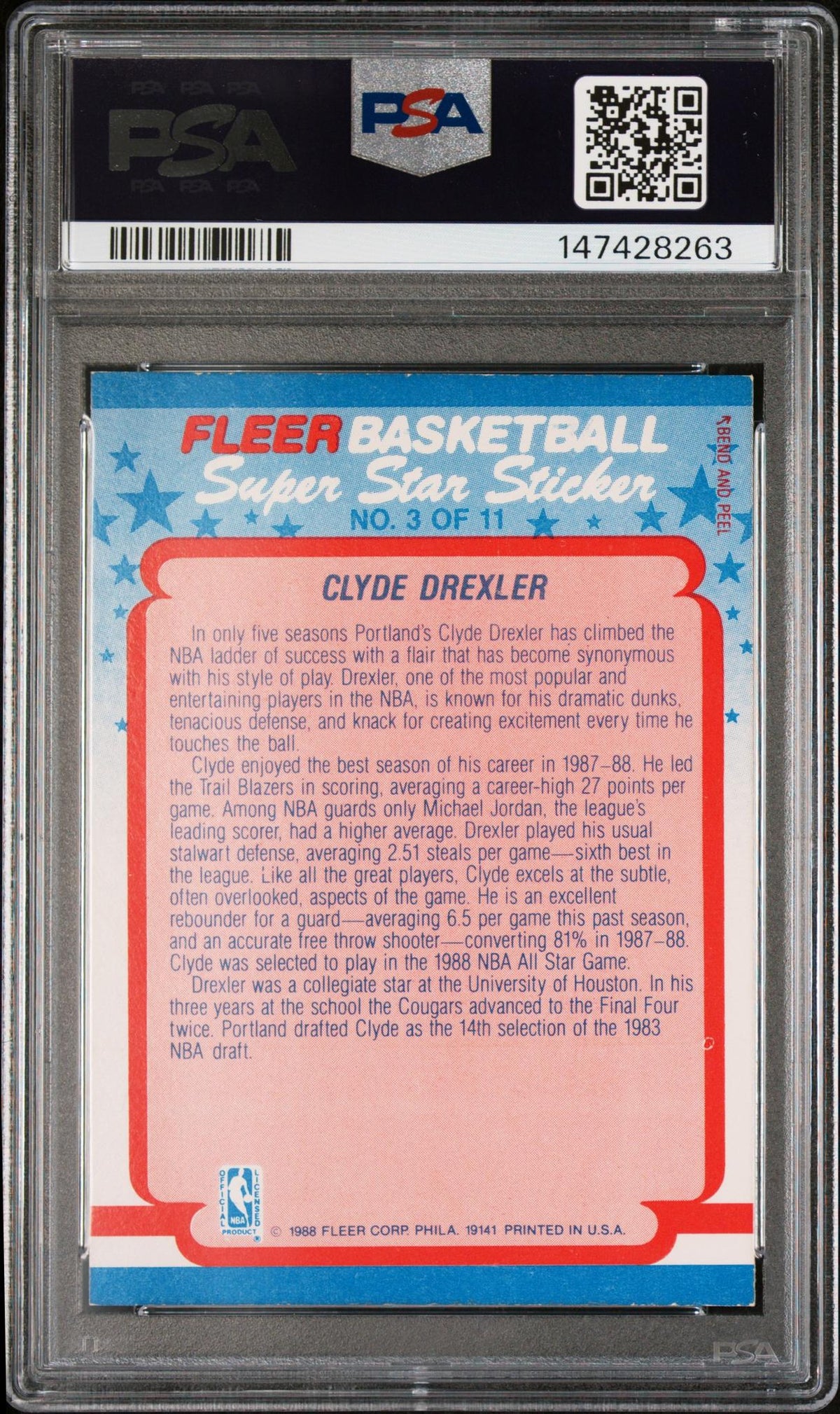 1988 Fleer Stickers Clyde Drexler #3 PSA 6