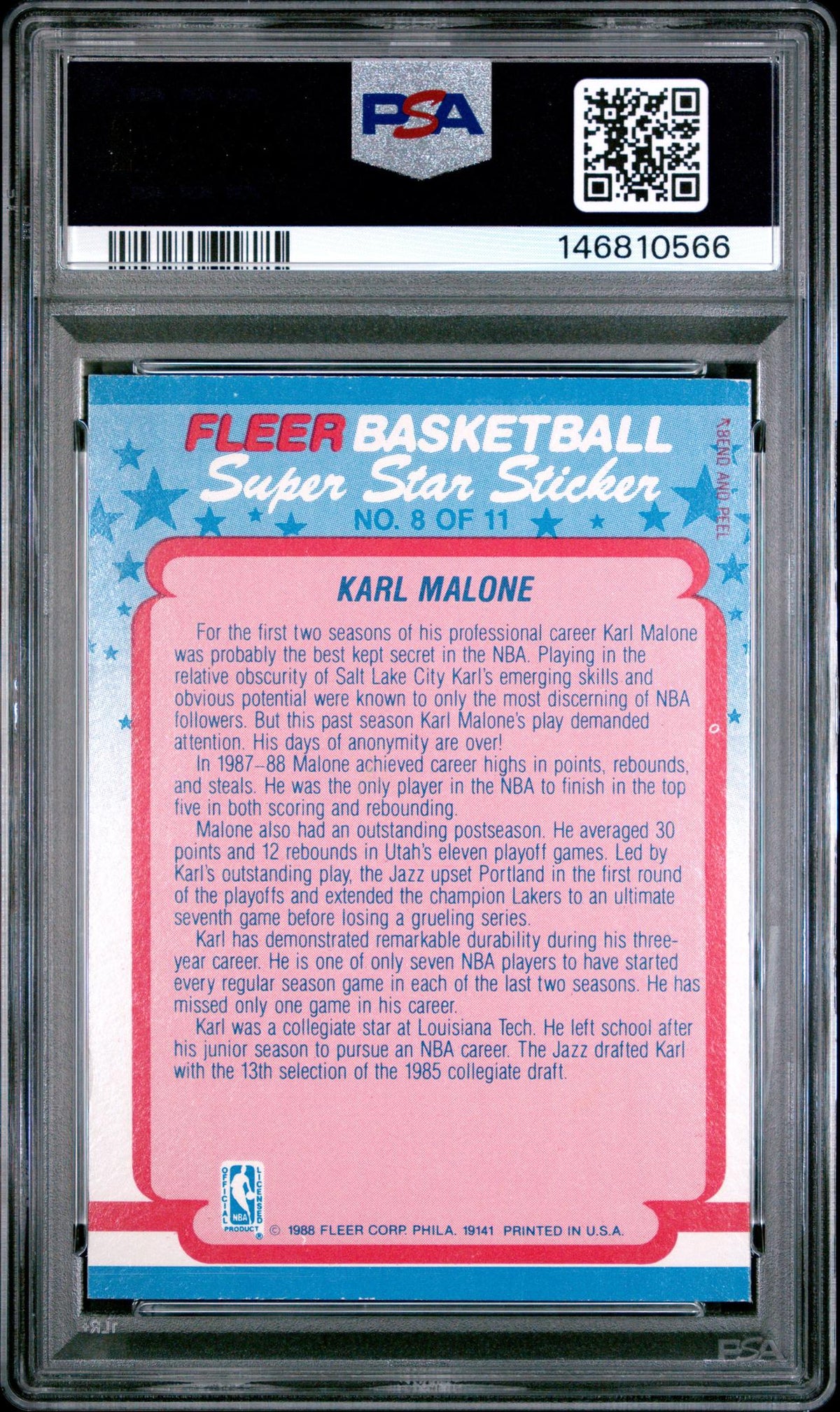 1988 Fleer Stickers Karl Malone #8 PSA 6