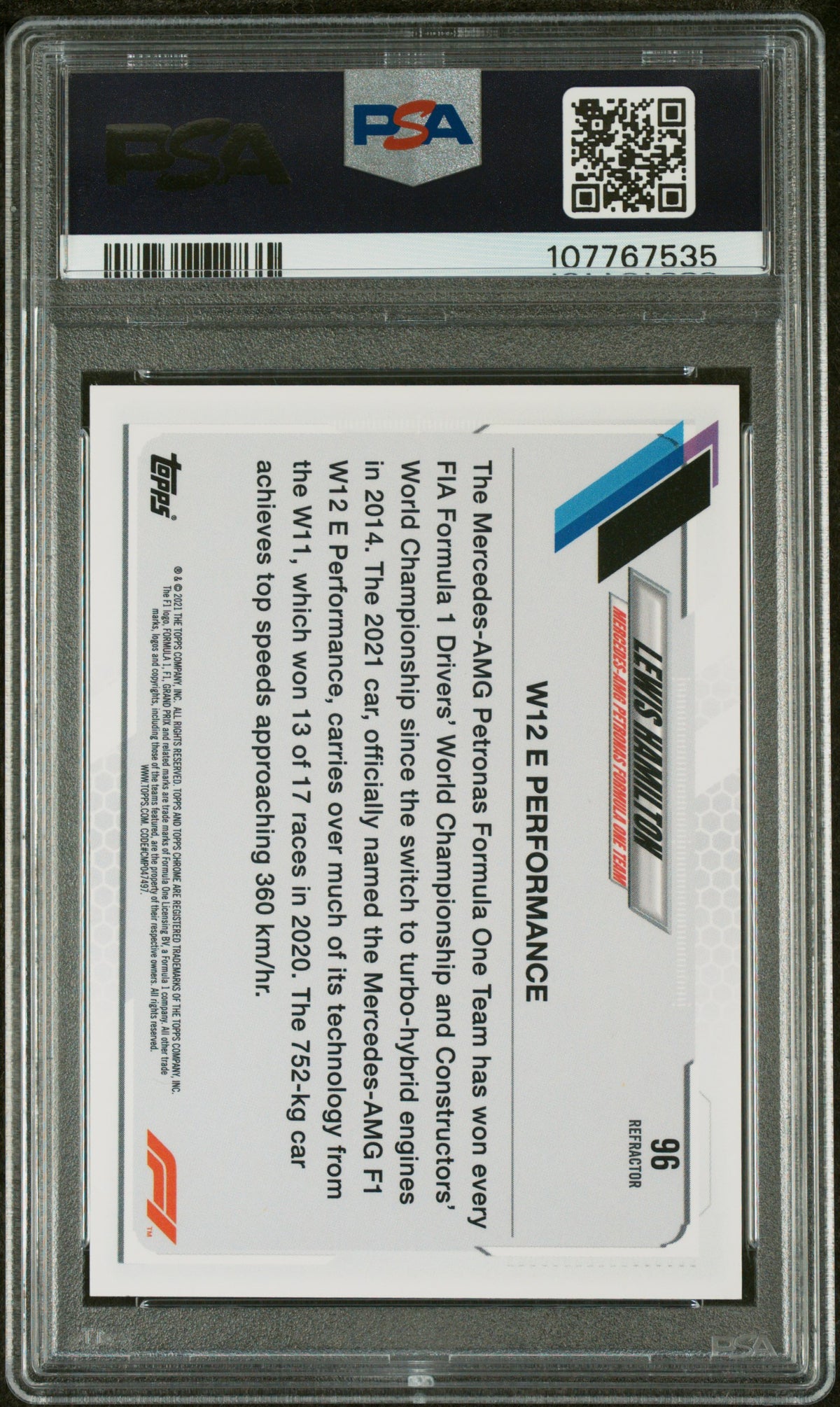 2021 Topps Chrome Formula 1 Refractors Lewis Hamilton #96 PSA 9