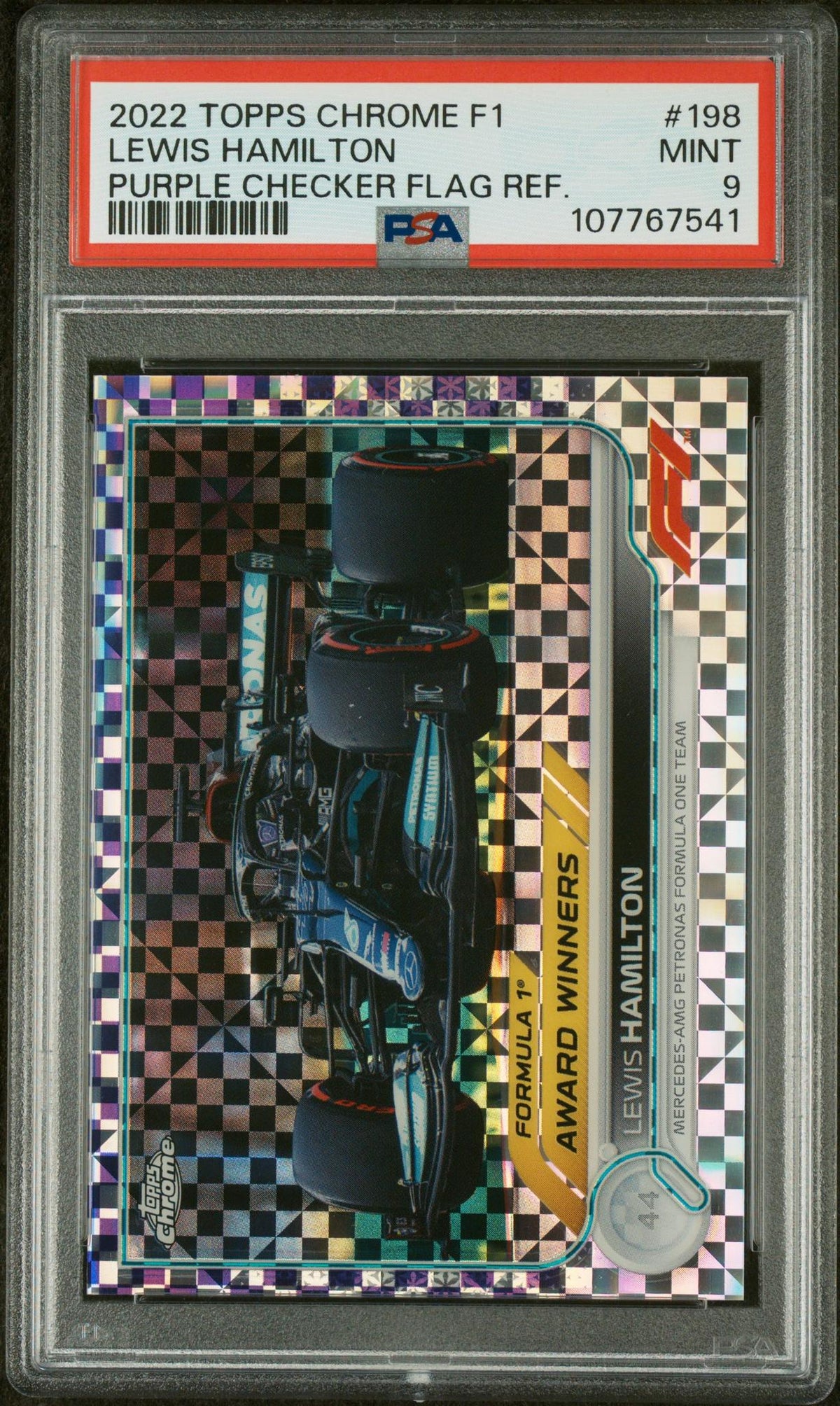 2022 Topps Chrome Formula 1 Purple Checker Flag Refractor Lewis Hamilton #198 /199 PSA 9