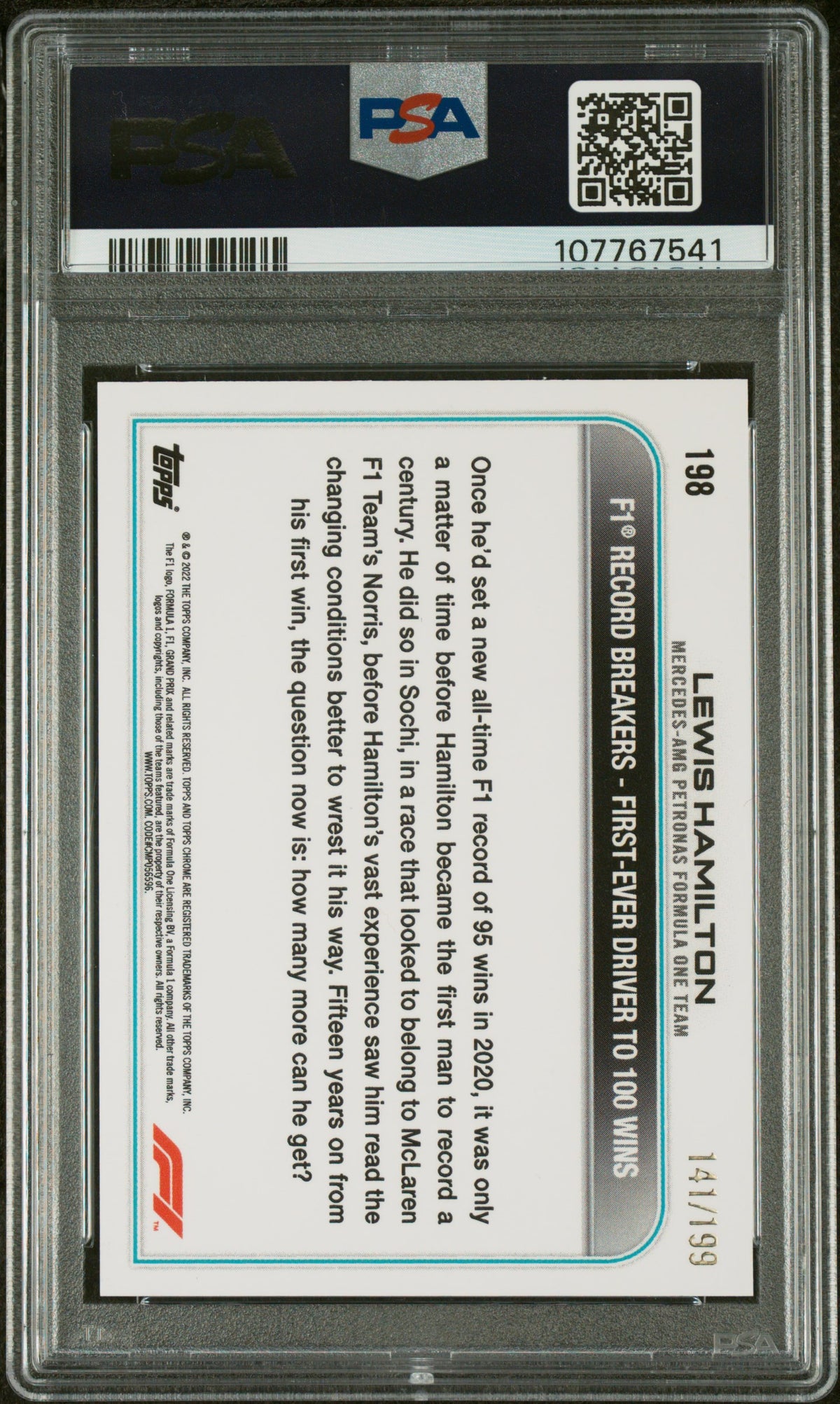 2022 Topps Chrome Formula 1 Purple Checker Flag Refractor Lewis Hamilton #198 /199 PSA 9