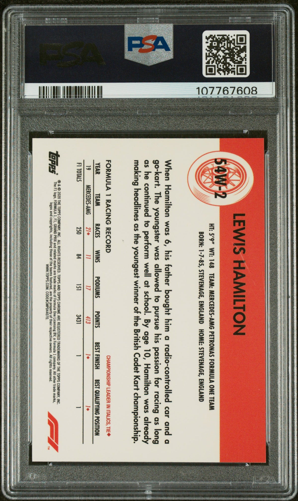 2020 Topps Chrome Formula 1 1954 World On Wheels Lewis Hamilton #54W2 PSA 9