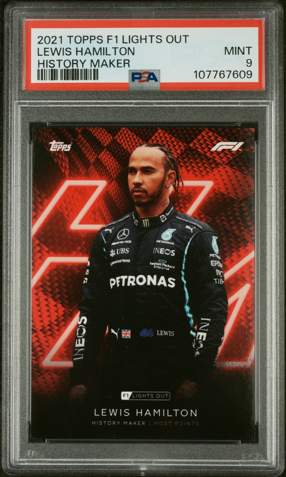 2021 Topps Formula 1 Lights Out History Maker Lewis Hamilton #NNO PSA 9