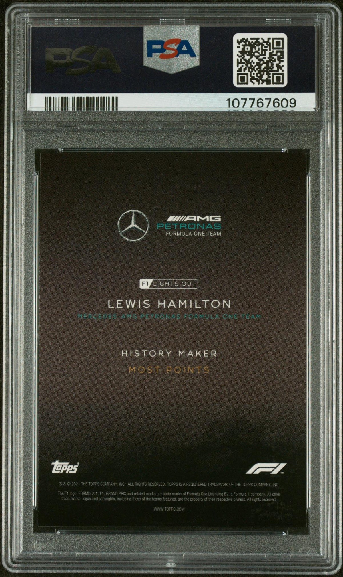 2021 Topps Formula 1 Lights Out History Maker Lewis Hamilton #NNO PSA 9