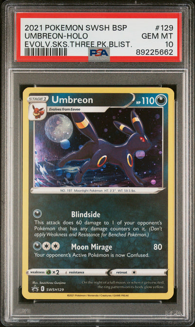 2021 Pokemon Sword and Shield Black Star Promo Evolving Skies Three Pack Blisters Holo Umbreon #129 PSA 10