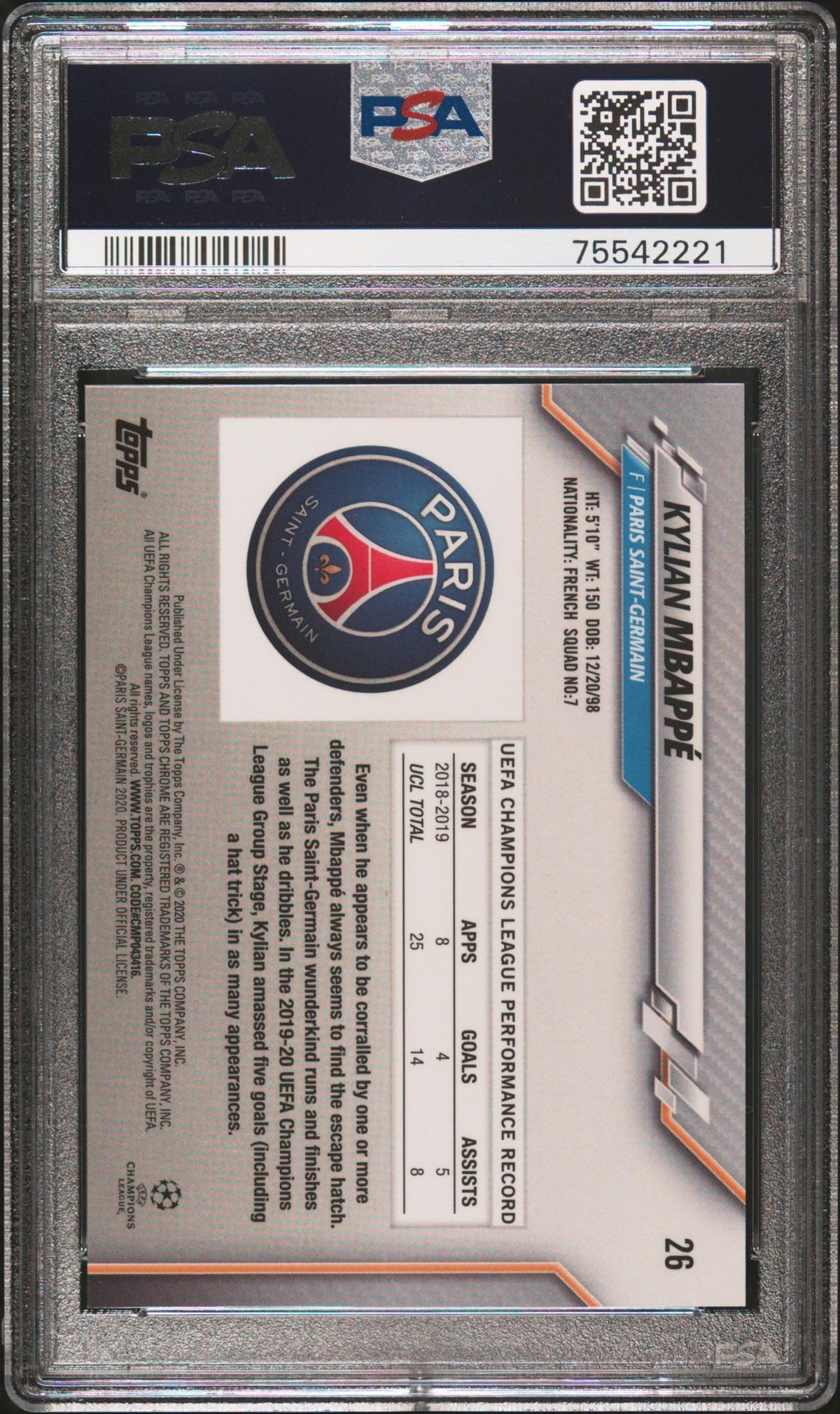 2019 Topps Chrome Sapphire UEFA Champions League Kylian Mbappe #26 PSA 10