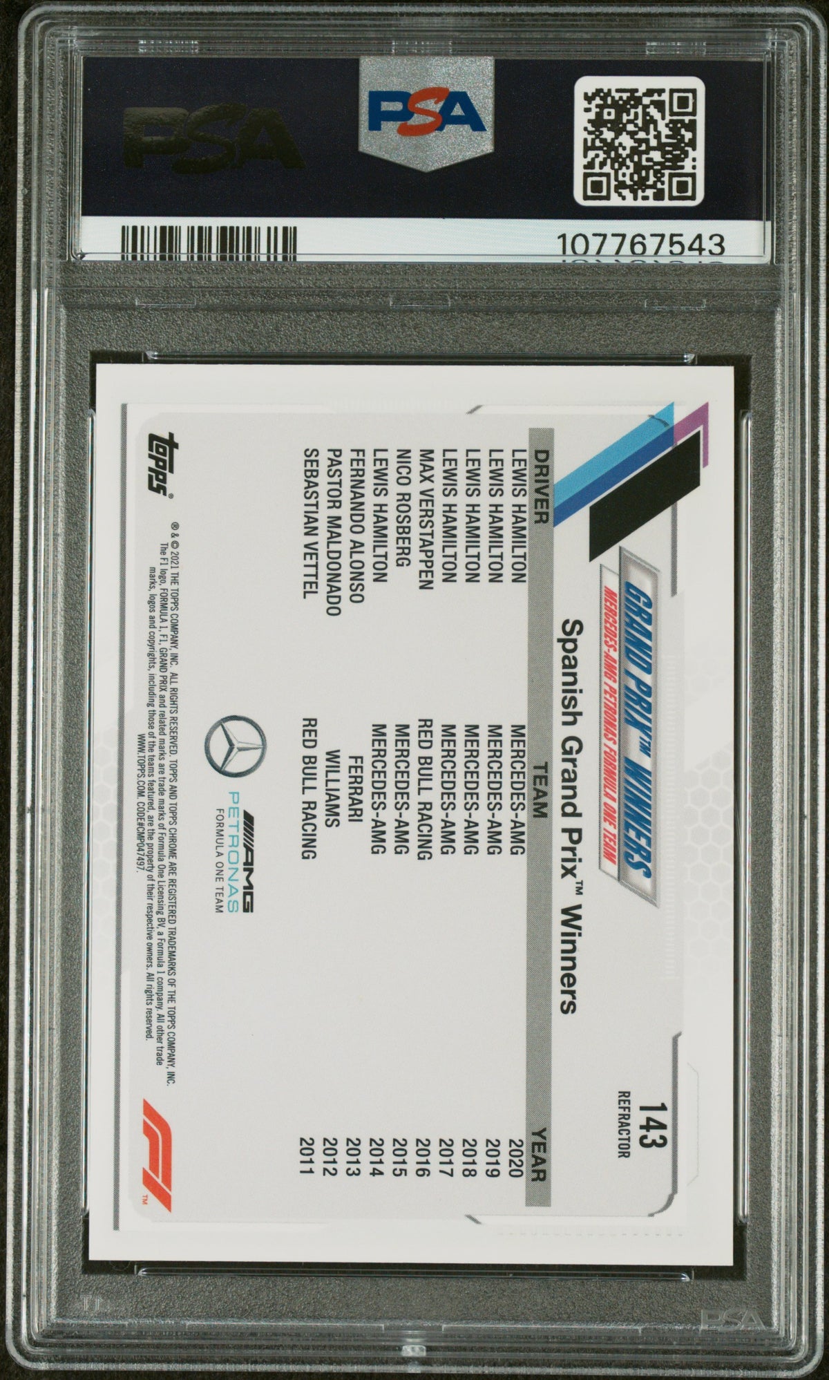2021 Topps Chrome Formula 1 Refractors Lewis Hamilton #143 PSA 9