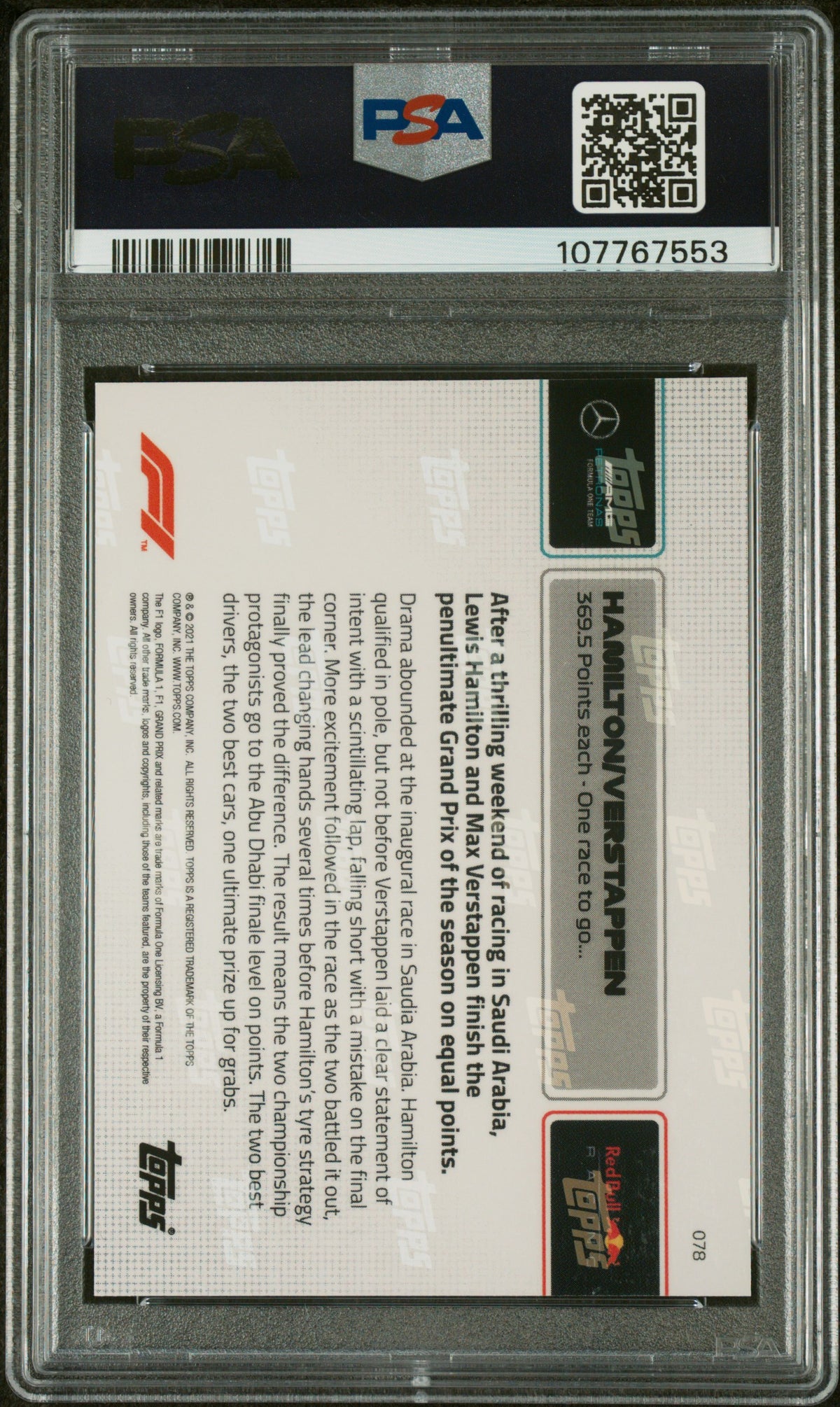 2021 Topps Now Formula 1 Lewis Hamilton/Max Verstappen #78 /26375 PSA 10