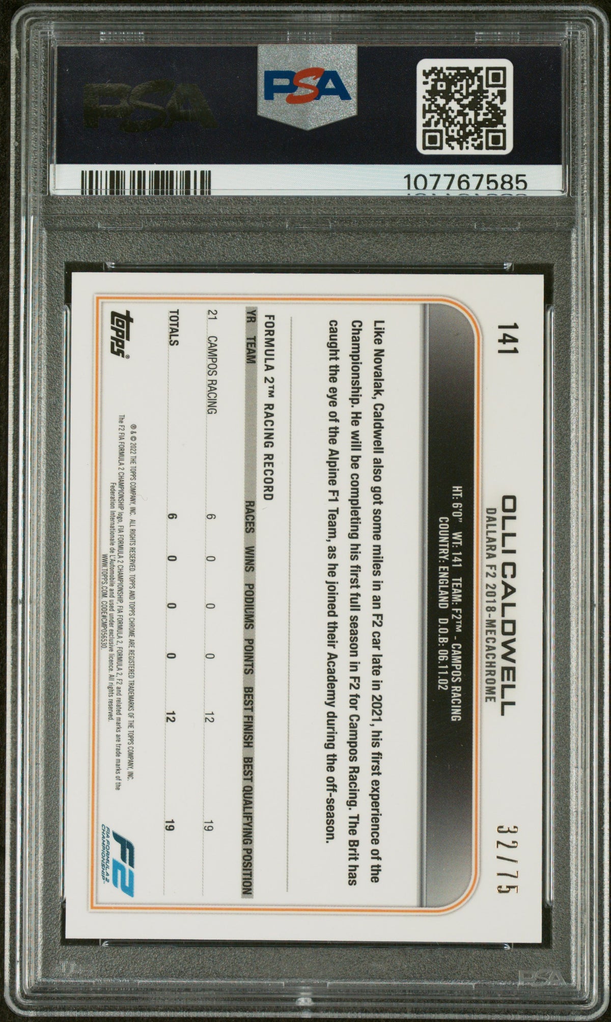2022 Topps Chrome Formula 1 Sapphire Edition Green Olli Caldwell #141 /75 PSA 10