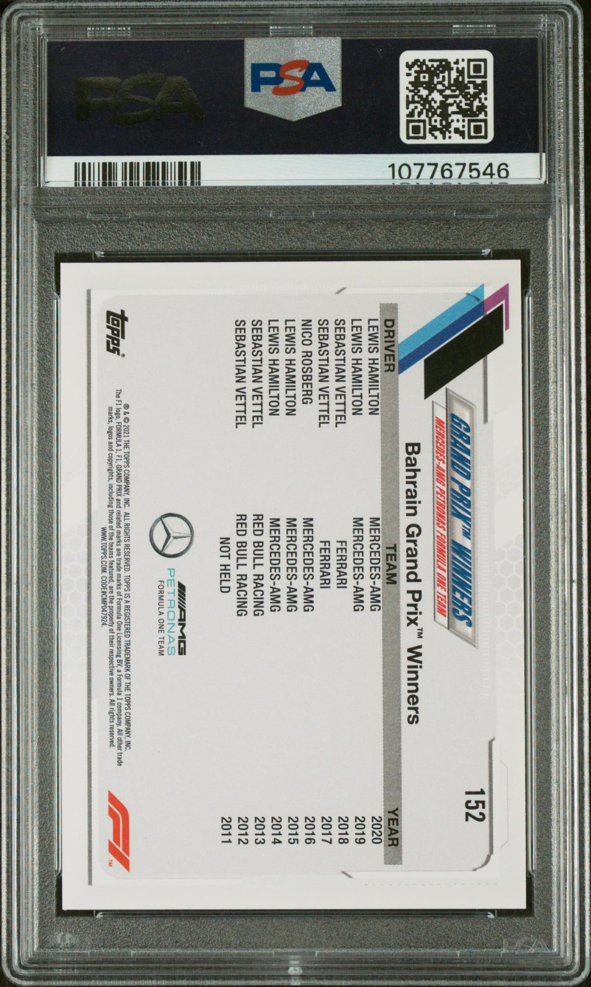 2021 Topps Formula 1 Sparkle Foil Lewis Hamilton #152 PSA 7