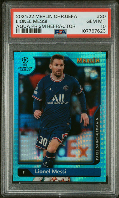 2021 Merlin UEFA Champions League Aqua Prism Refractors Lionel Messi #30 PSA 10