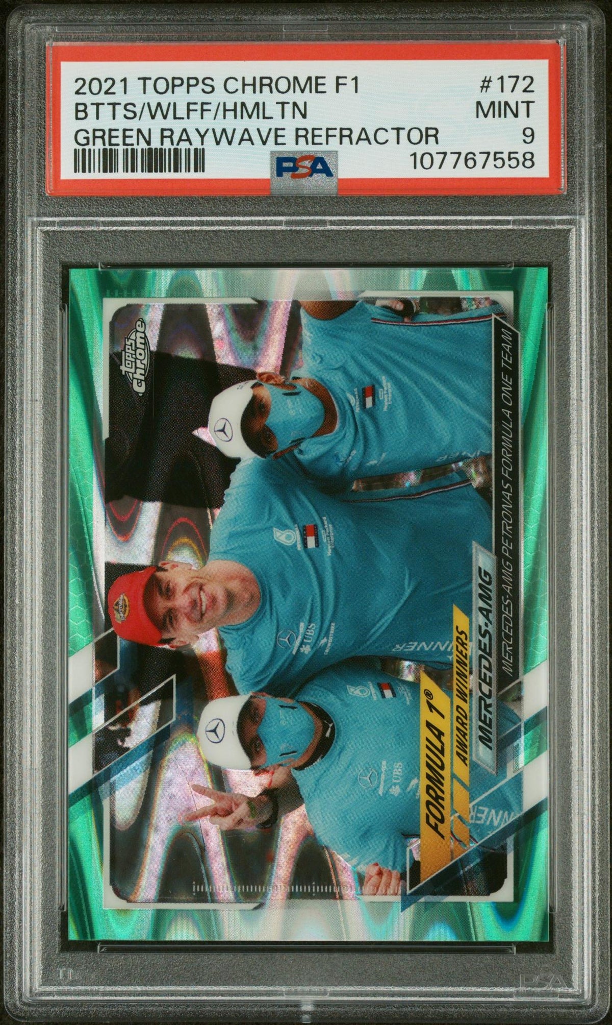 2021 Topps Chrome Formula 1 Green Raywave Refractor Lewis Hamilton/Toto Wolff/Valtteri Bottas #172 PSA 9
