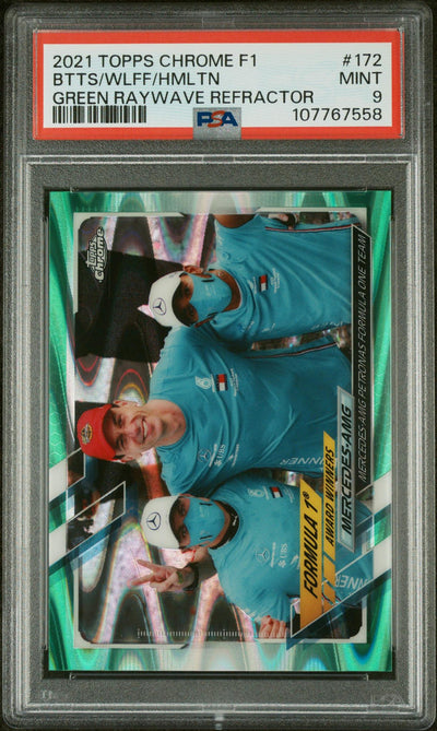 2021 Topps Chrome Formula 1 Green Raywave Refractor Lewis Hamilton/Toto Wolff/Valtteri Bottas #172 PSA 9