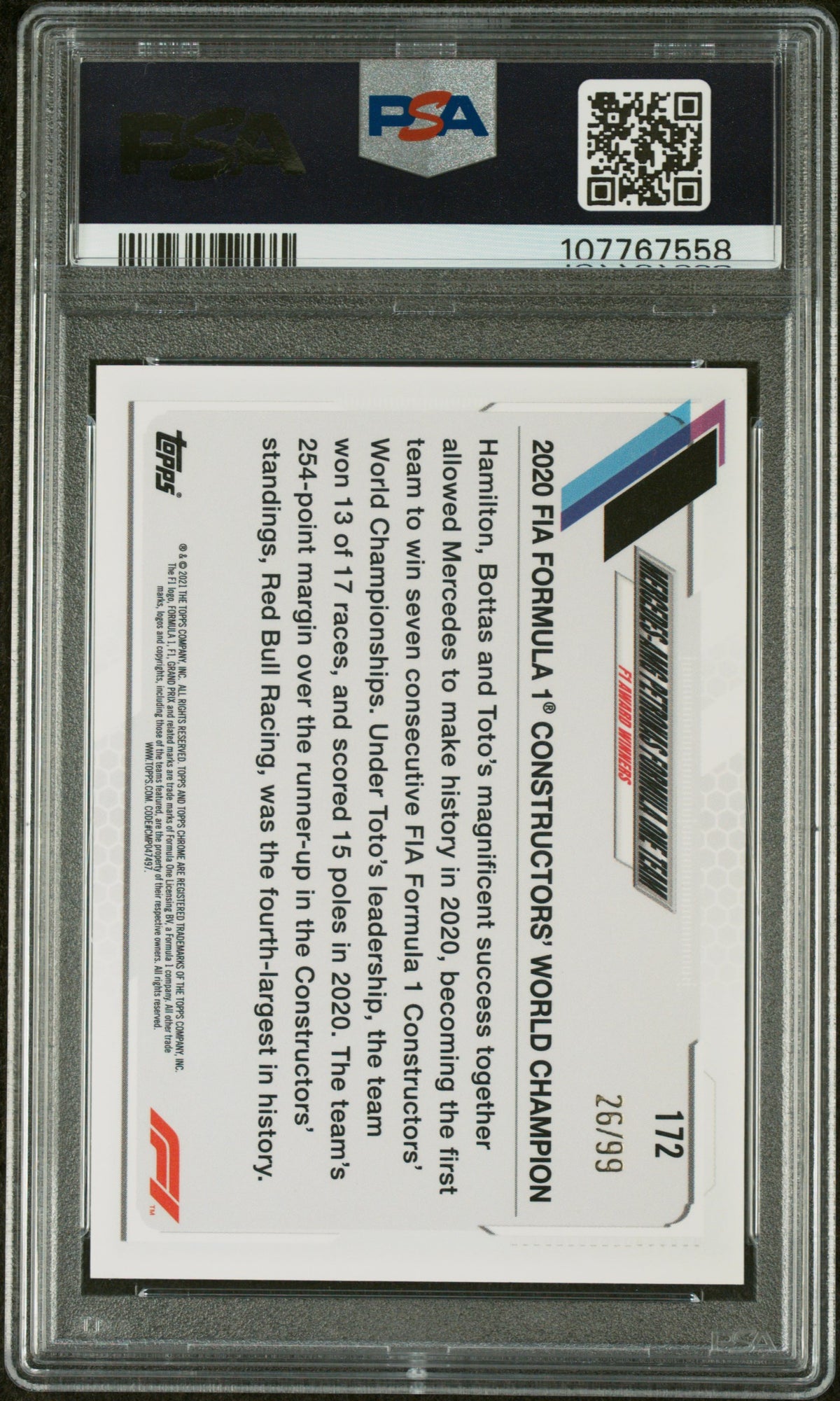 2021 Topps Chrome Formula 1 Green Raywave Refractor Lewis Hamilton/Toto Wolff/Valtteri Bottas #172 PSA 9