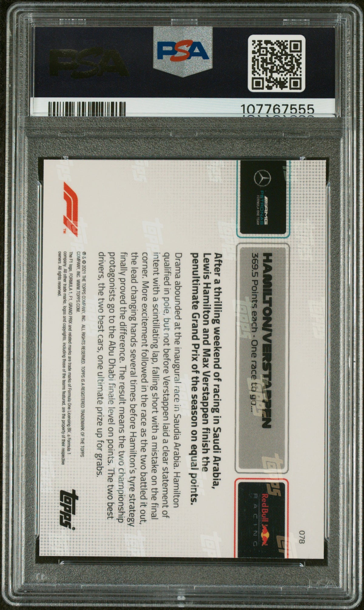 2021 Topps Now Formula 1 Lewis Hamilton/Max Verstappen #78 /26375 PSA 9