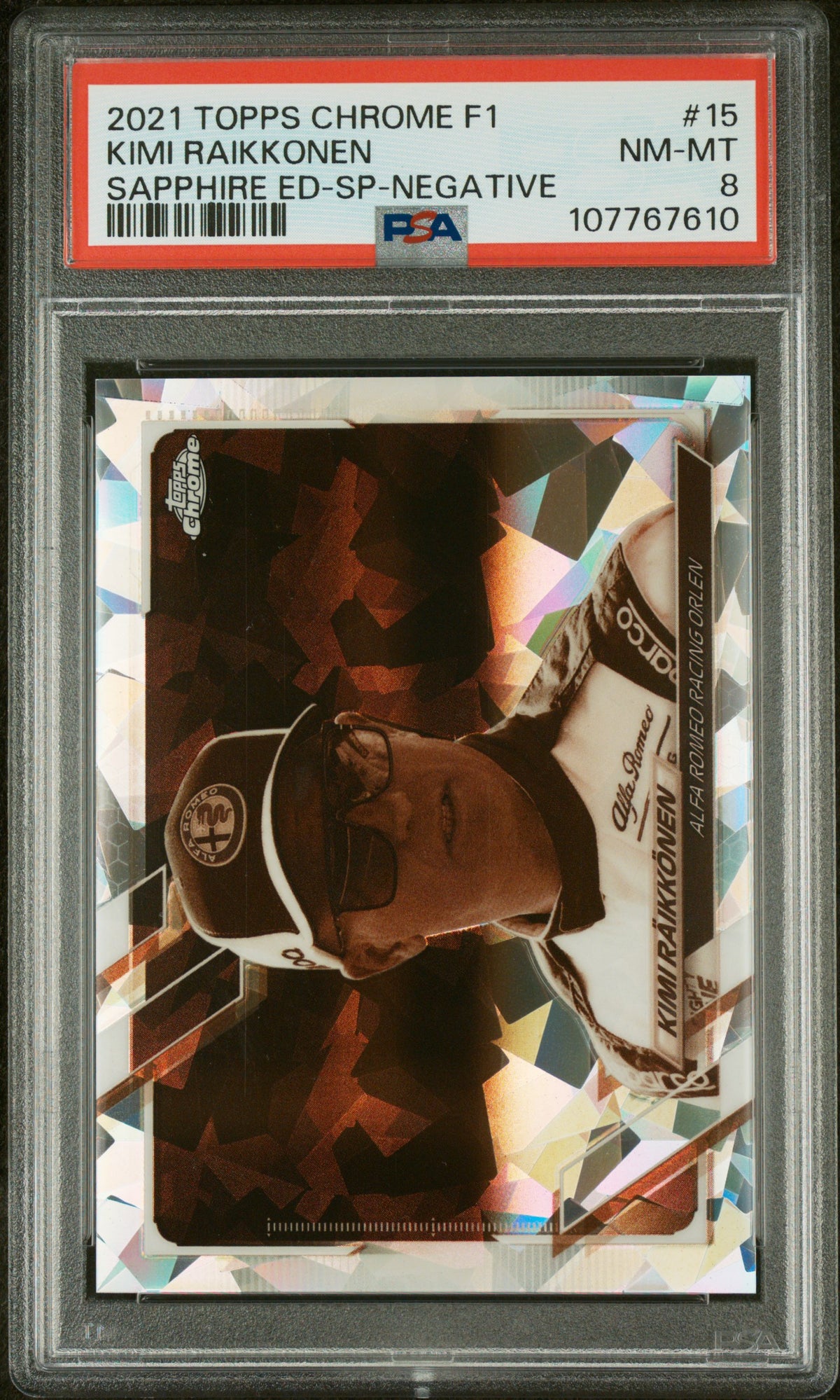 2021 Topps Chrome Sapphire Formula 1 Negative Refractors Kimi Raikkonen #15 /100 PSA 8