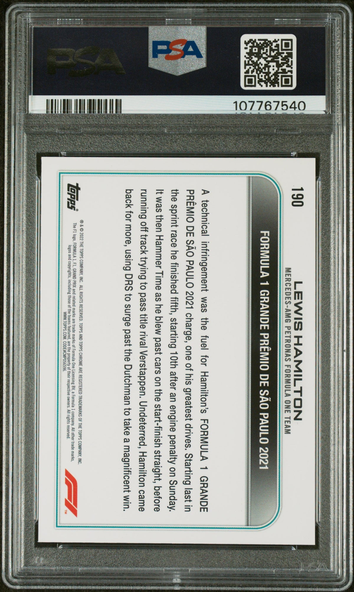 2022 Topps Chrome Formula 1 Checker Flag Refractors Lewis Hamilton #190 PSA 10