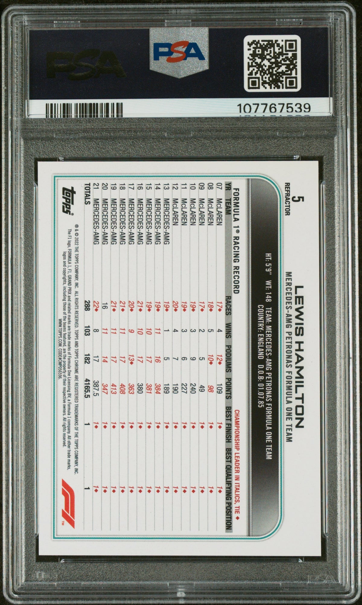 2022 Topps Chrome Formula 1 Refractors Lewis Hamilton #5 PSA 10
