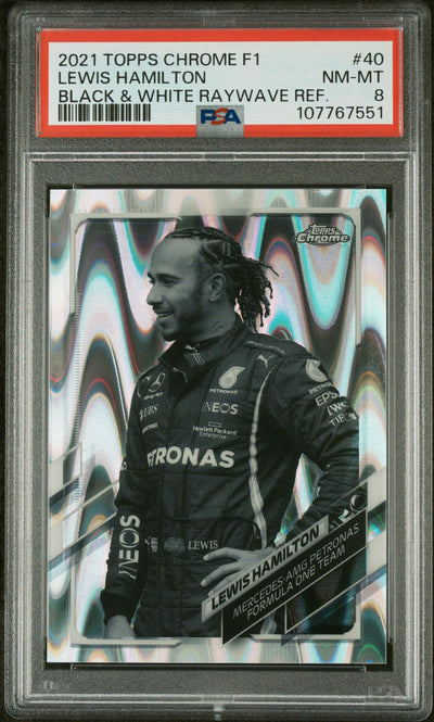 2021 Topps Chrome Formula 1 Black and White Raywave Lewis Hamilton #40 PSA 8