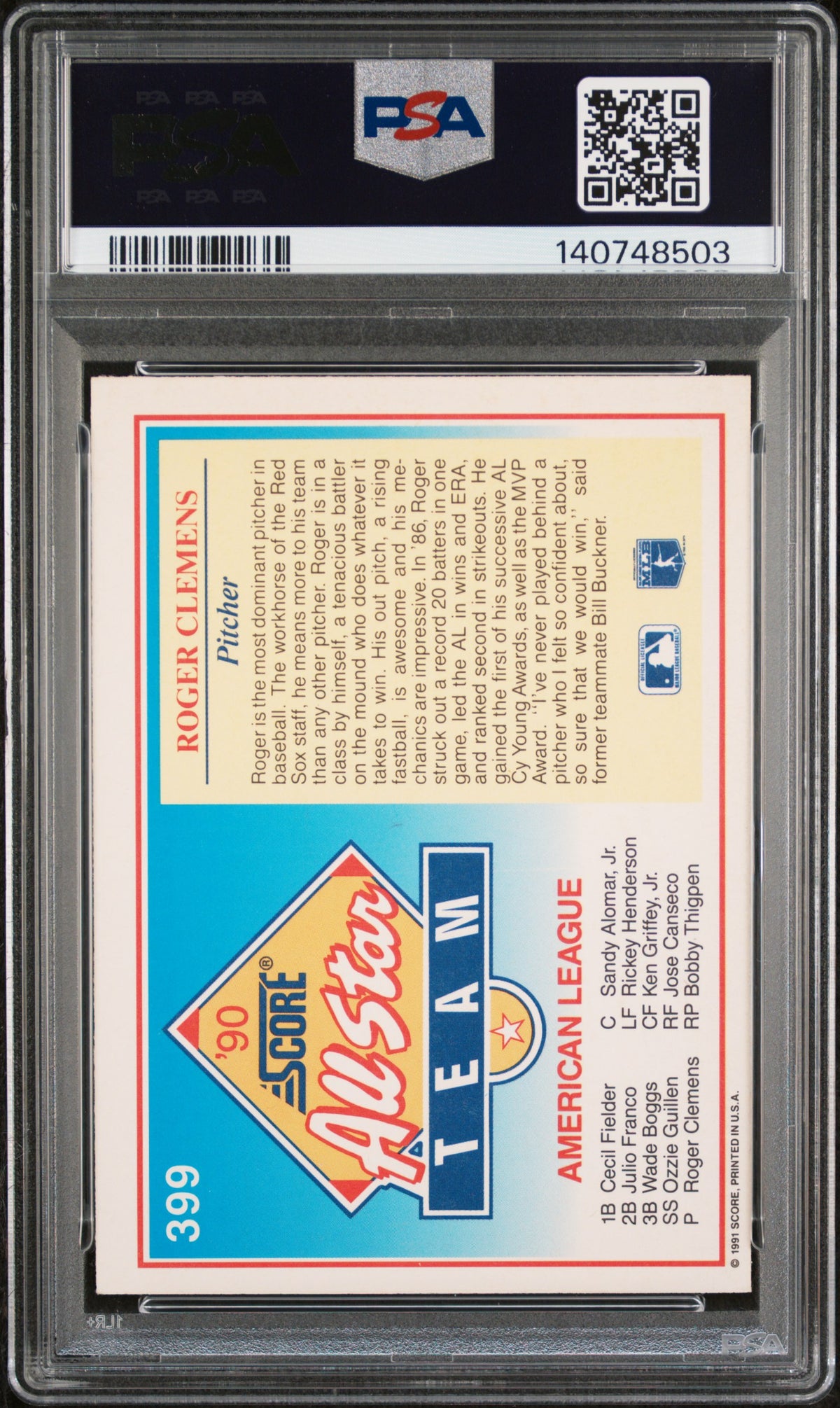 1991 Score Roger Clemens #399 PSA 8