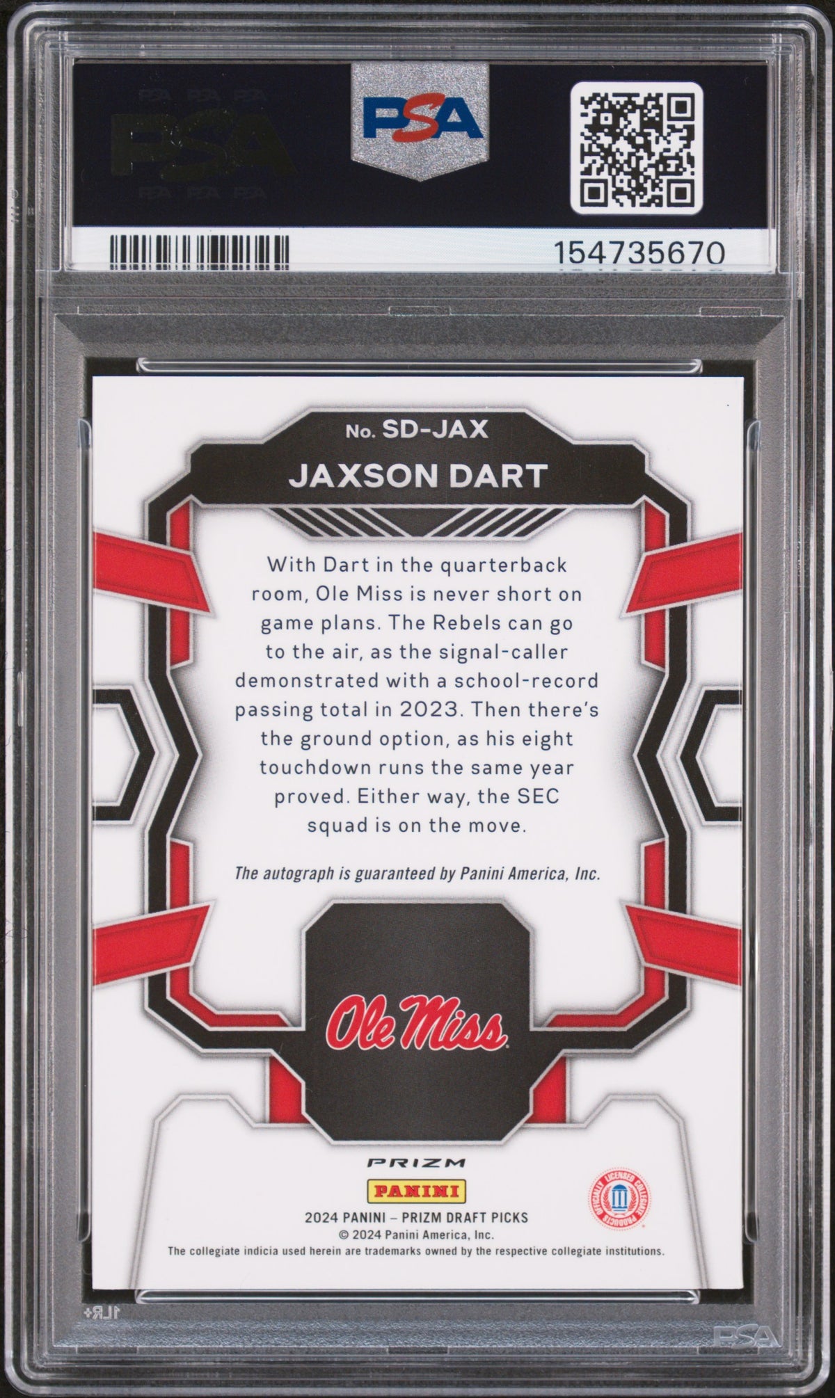 2024 Panini Prizm Draft Picks Signing Day Hyper Prizm Jaxson Dart #SDJAX PSA 9