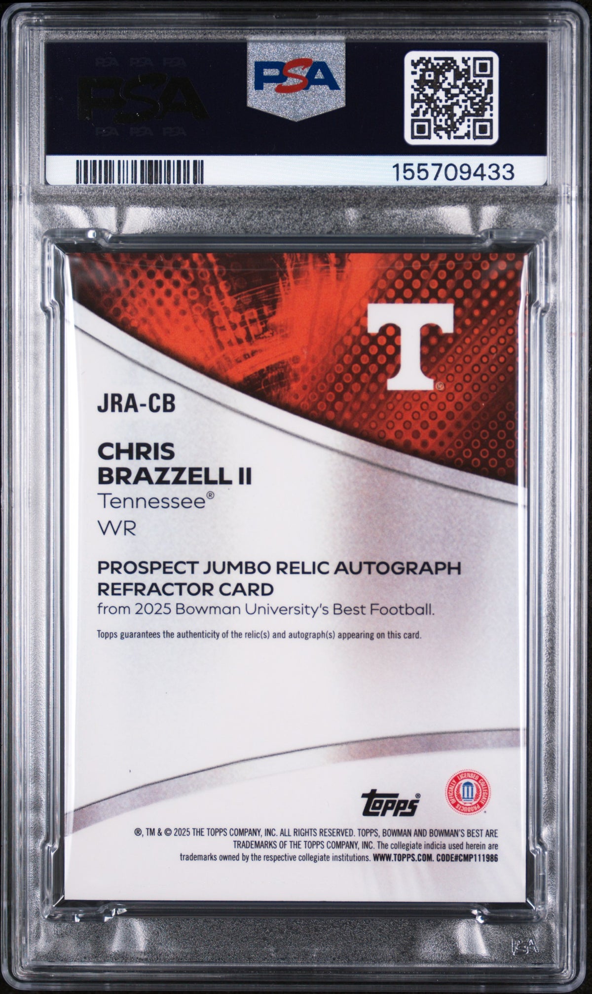 2025 Bowman Best University Prospect Jumbo Relic Autographs Pros Jmb Rlc Auto-Red Ref Chris Brazzell #CB PSA 9