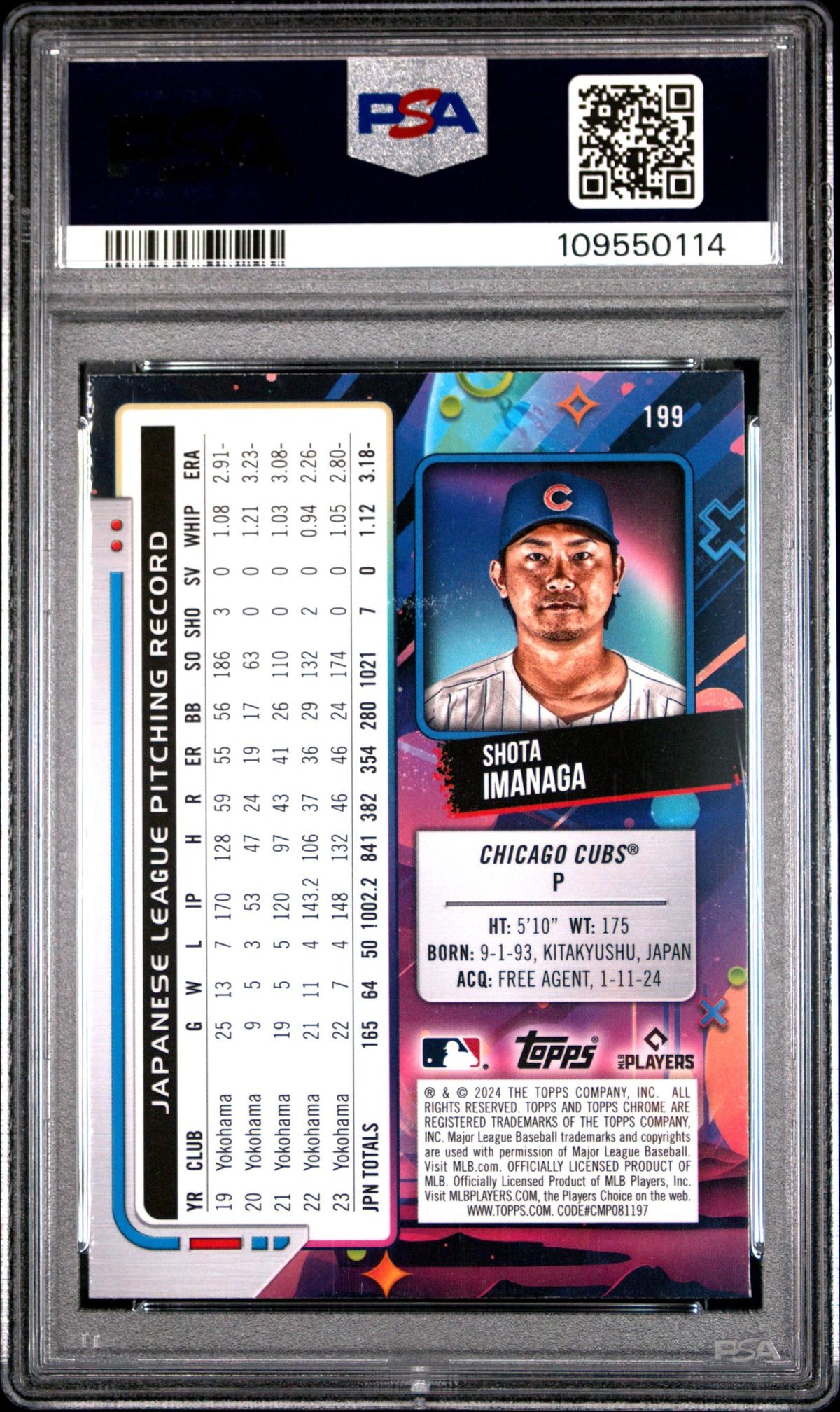2024 Topps Cosmic Chrome Blue Moon Refractors Shota Imanaga #199 /99 PSA 10