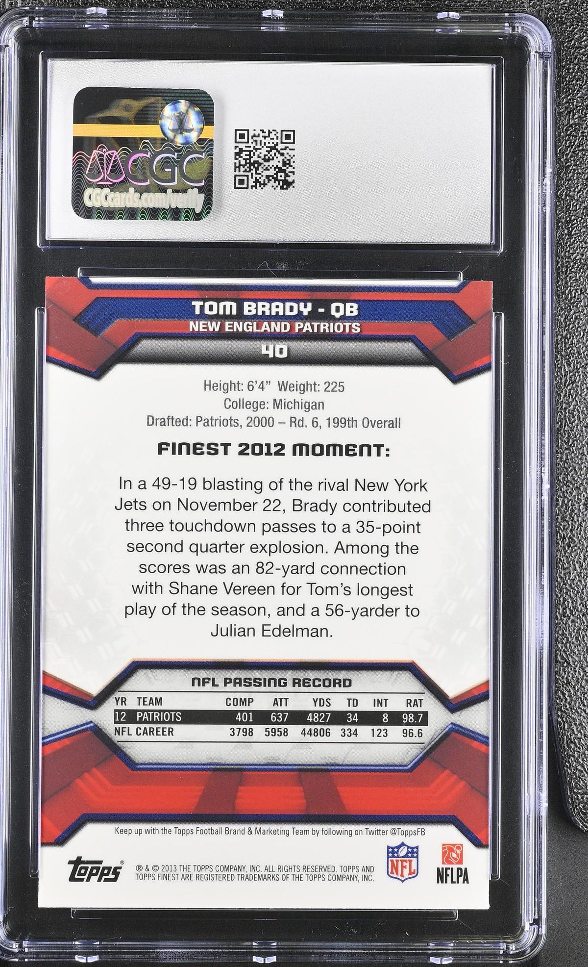 2013 Topps Finest #40 Tom Brady CGC 10