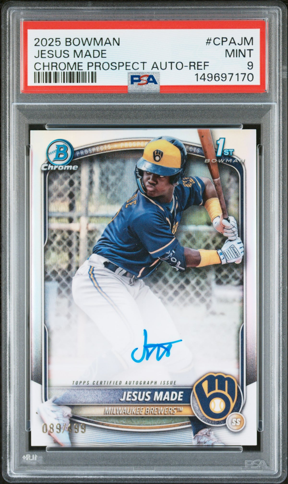 2025 Bowman Chrome Prospect Autograph Refractor Jesus Made #CPA-JM /499 PSA 9