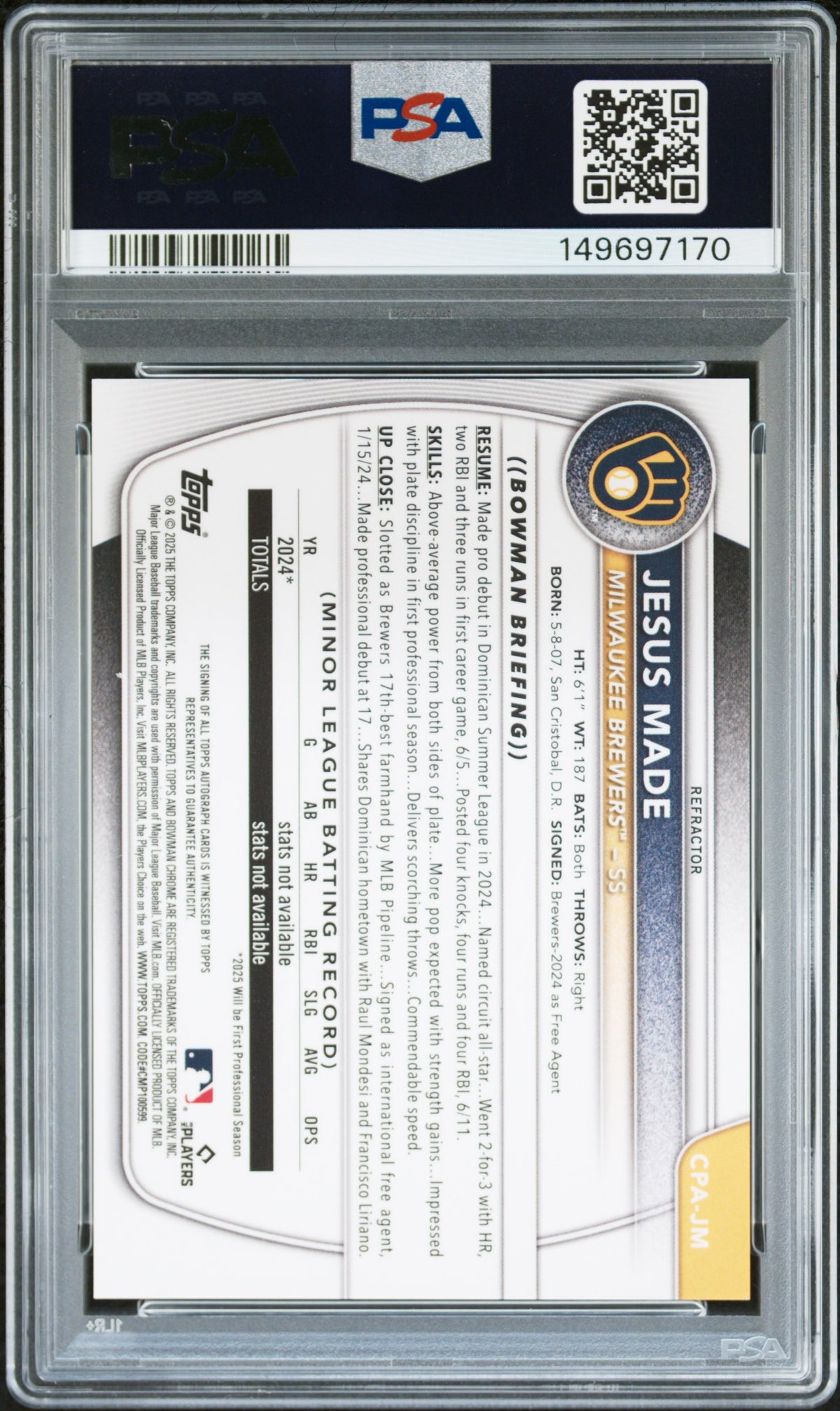 2025 Bowman Chrome Prospect Autograph Refractor Jesus Made #CPA-JM /499 PSA 9