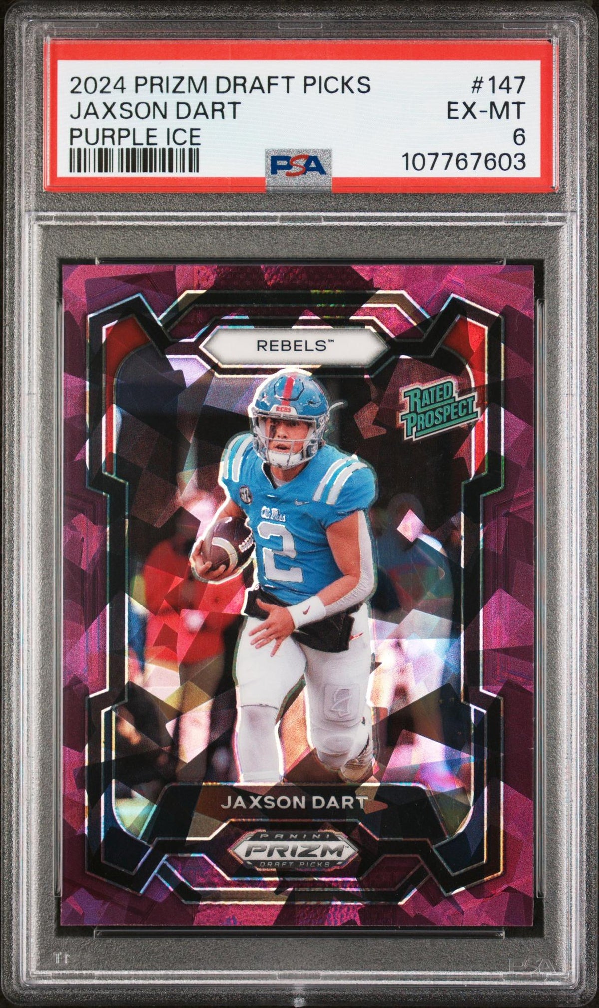 2024 Panini Prizm Draft Picks Purple Ice Prizm Jaxson Dart #147 /149 PSA 6