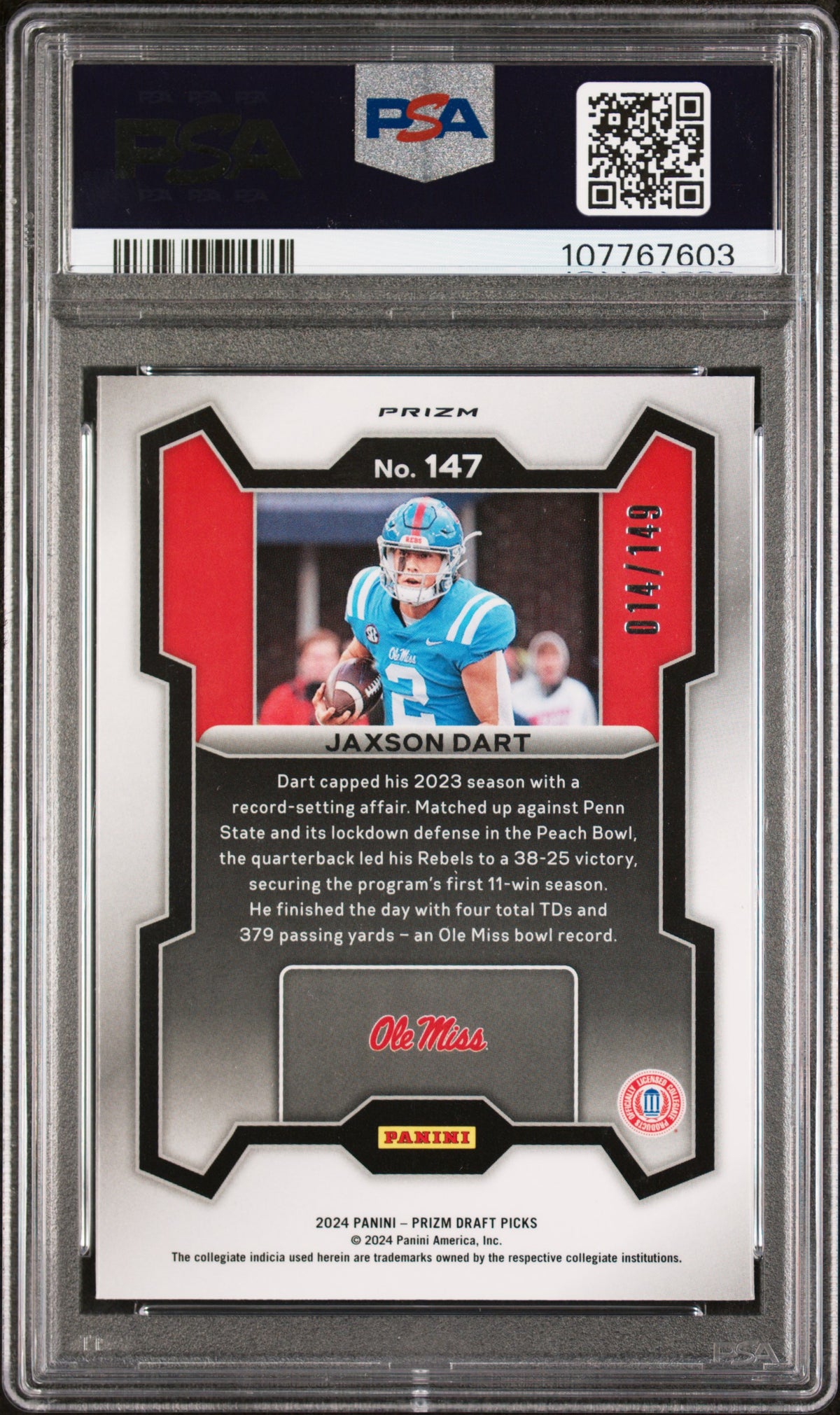 2024 Panini Prizm Draft Picks Purple Ice Prizm Jaxson Dart #147 /149 PSA 6