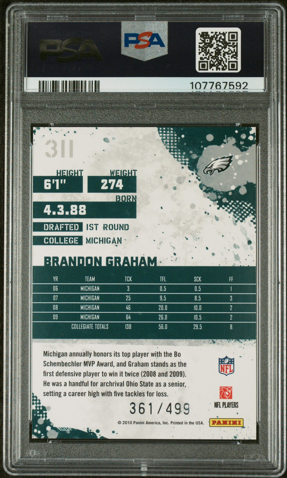 2010 Score Scorecard Brandon Graham #311 /499 PSA 9