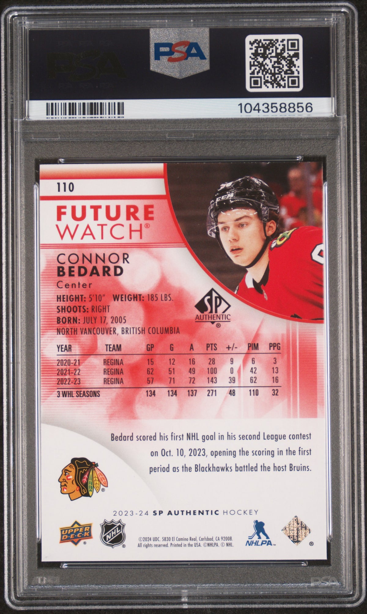 2023 Limited Authentic Red Connor Bedard #110 PSA 9