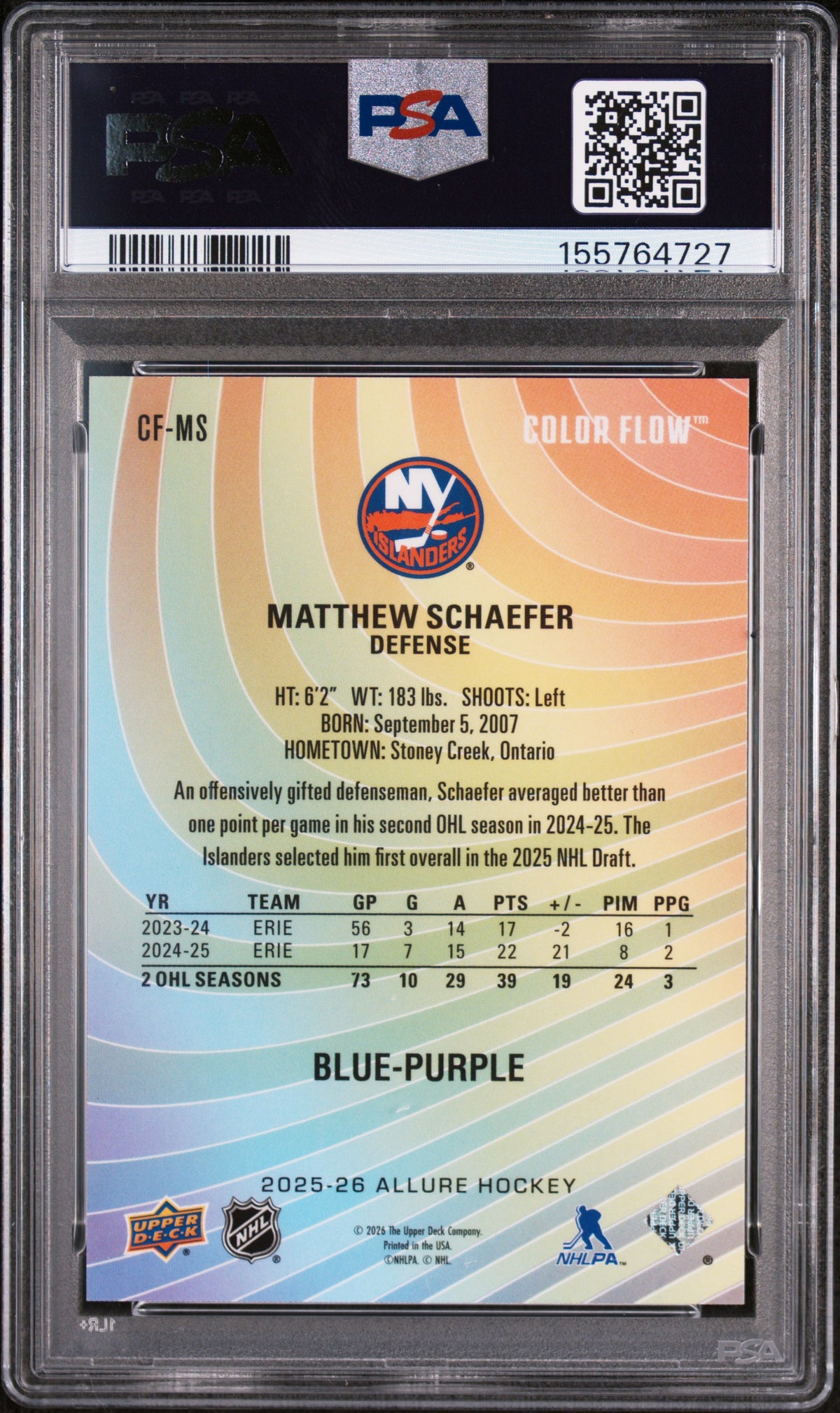 2025 Upper Deck Allure Color Flow Blue Purple Matthew Schaefer #CFMS PSA 10
