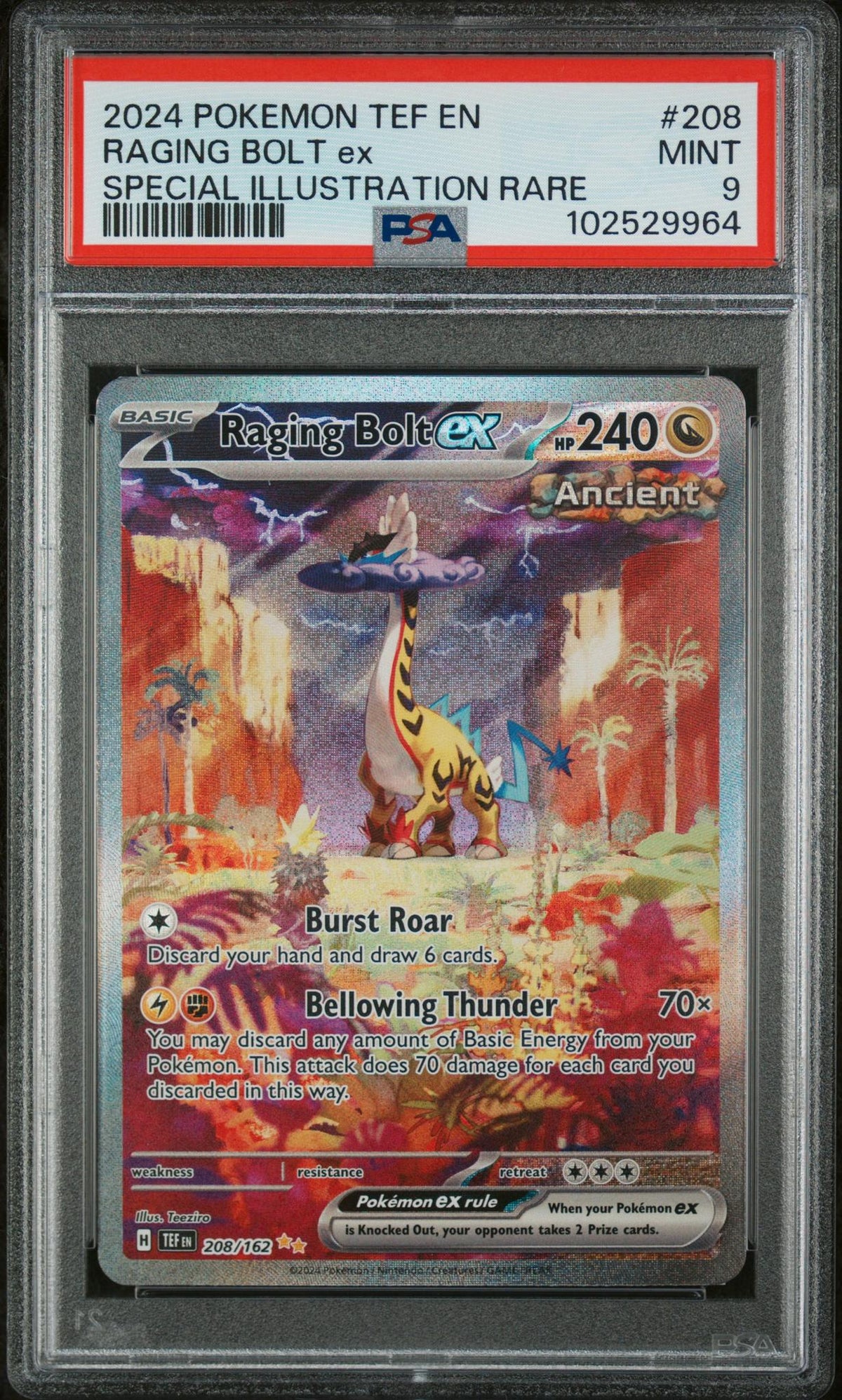 2024 Pokemon Scarlet and Violet Temporal Forces Special Illustration Rare Raging Bolt Ex #208 PSA 9