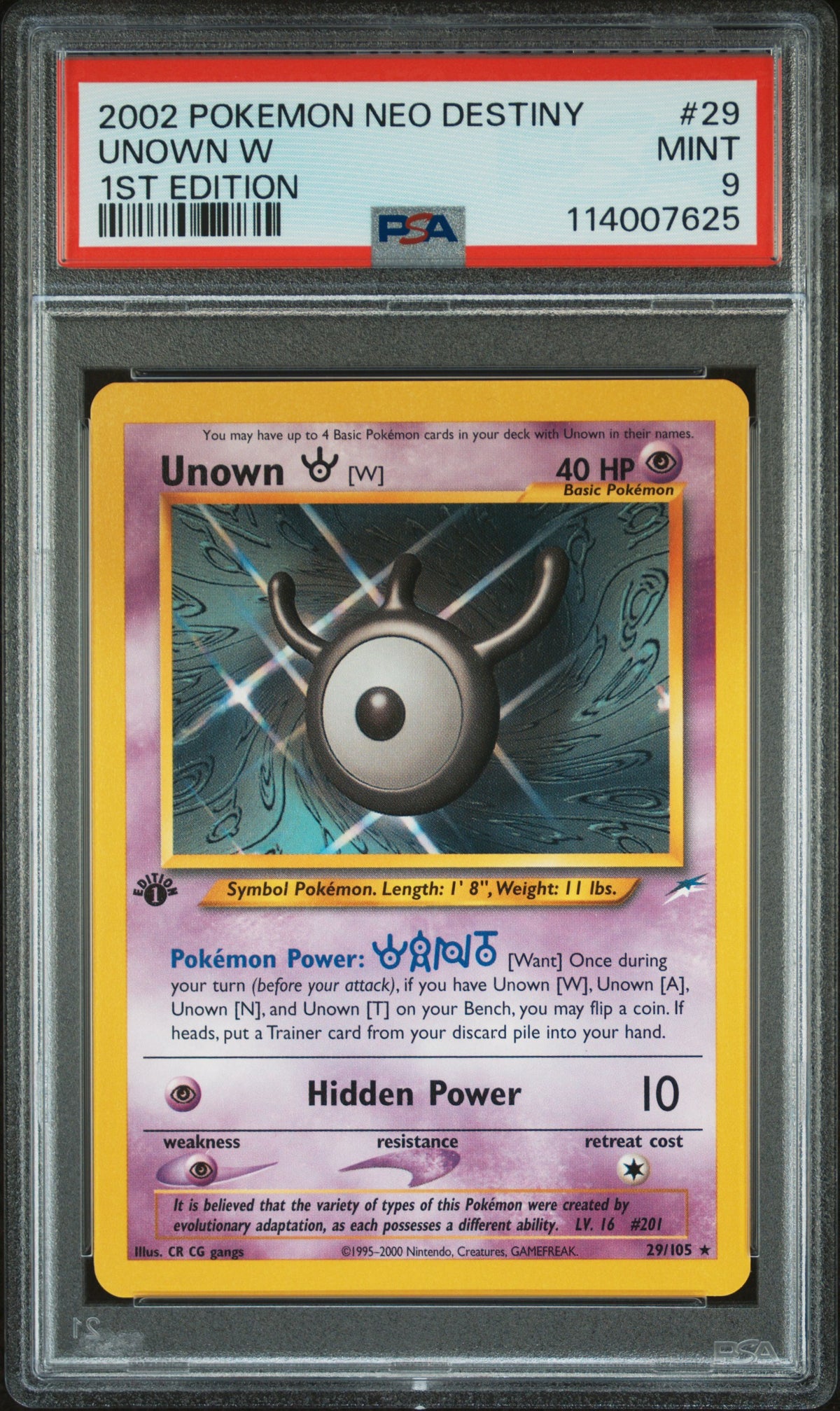 2002 Pokemon Neo Destiny 1st Edition Unown W #29 PSA 9