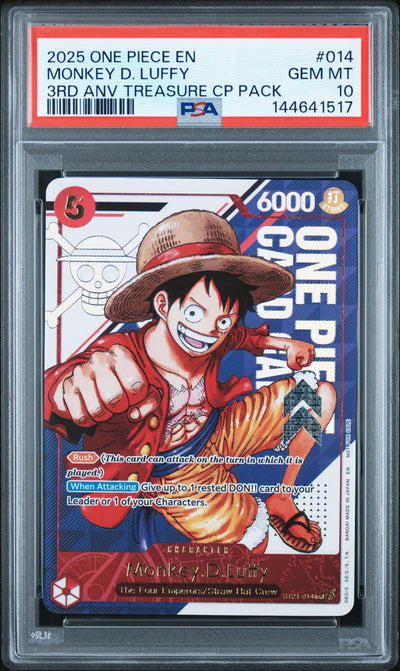 2025 One Piece 3rd Anniversary Treasure Campaign Pack Monkey D. Luffy #ST21014 PSA 10