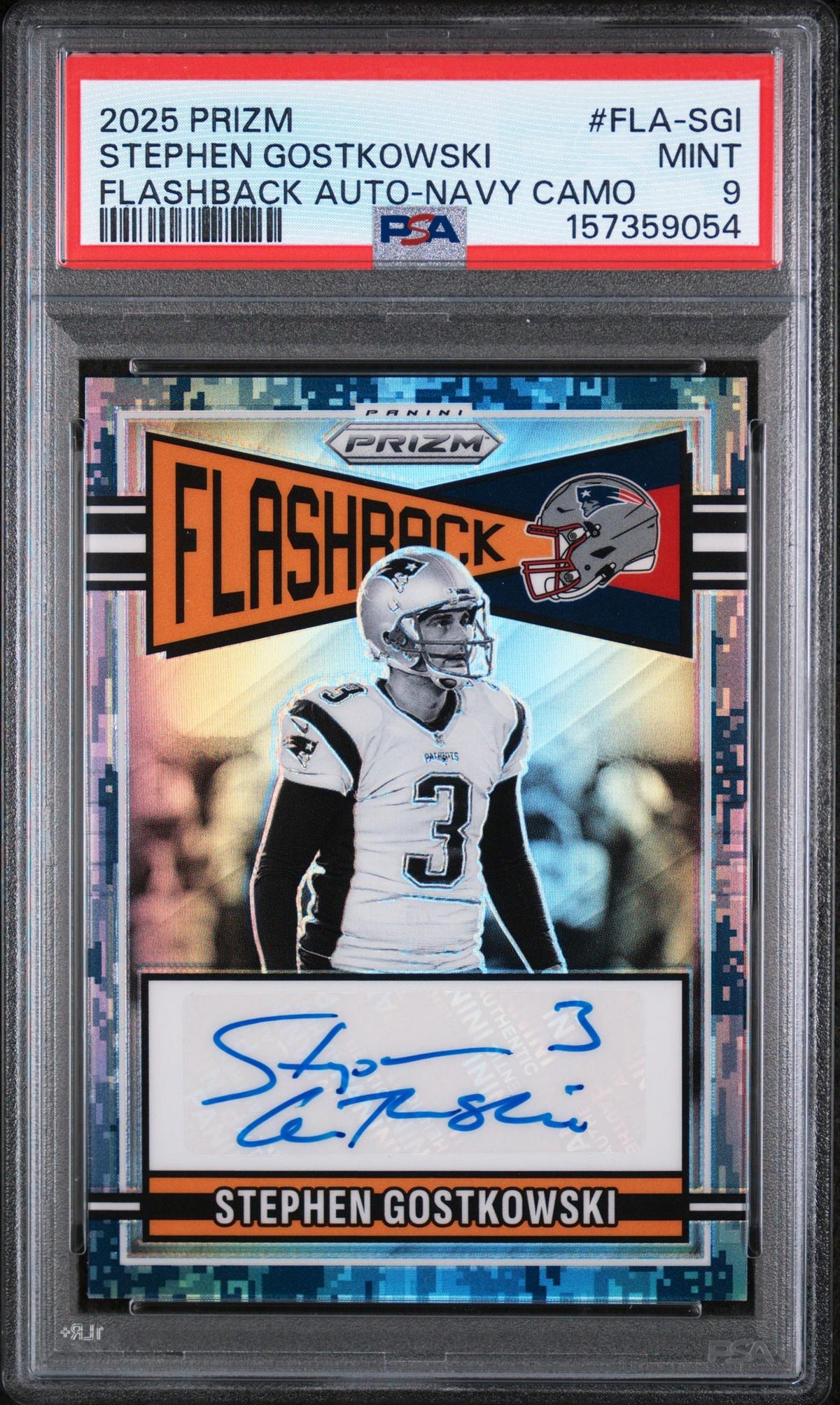 2025 Panini Prizm Flashback Autographs Navy Camo Stephen Gostkowski #FLA-SGI /25 PSA 9
