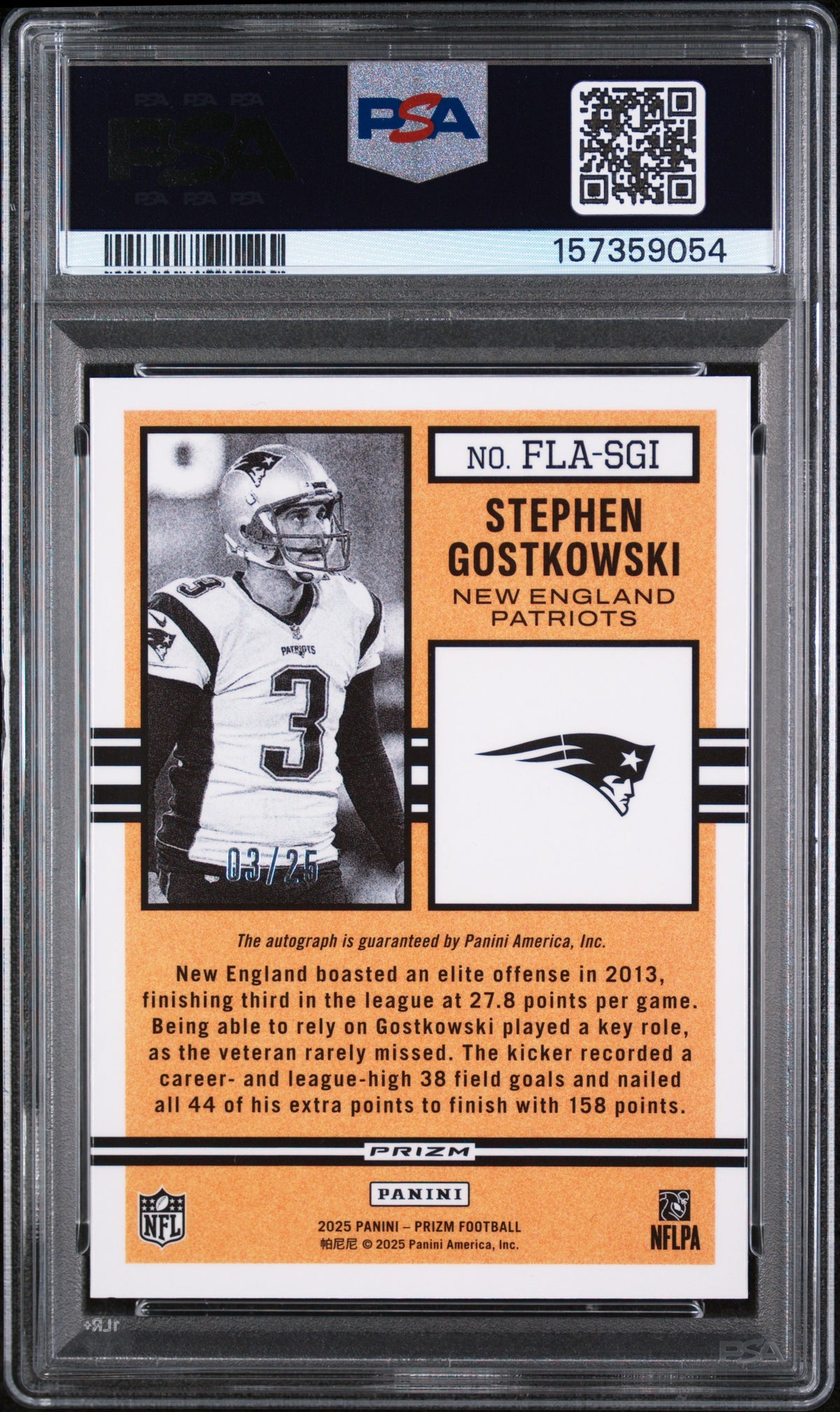 2025 Panini Prizm Flashback Autographs Navy Camo Stephen Gostkowski #FLA-SGI /25 PSA 9